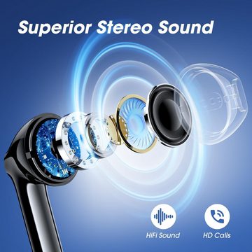 Eissix Kabellos Bluetooth 5.3 mit Mikrofon, Geräuschunterdrückung Mic In-Ear-Kopfhörer (Sicherheit und Komfort: Kabellose Ohrhörer für sicheres Fahren und stressfreies Arbeiten., 30 Stunden Spielzeit mit Ladehülle, LED-Anzeige für iOS Android Sports)