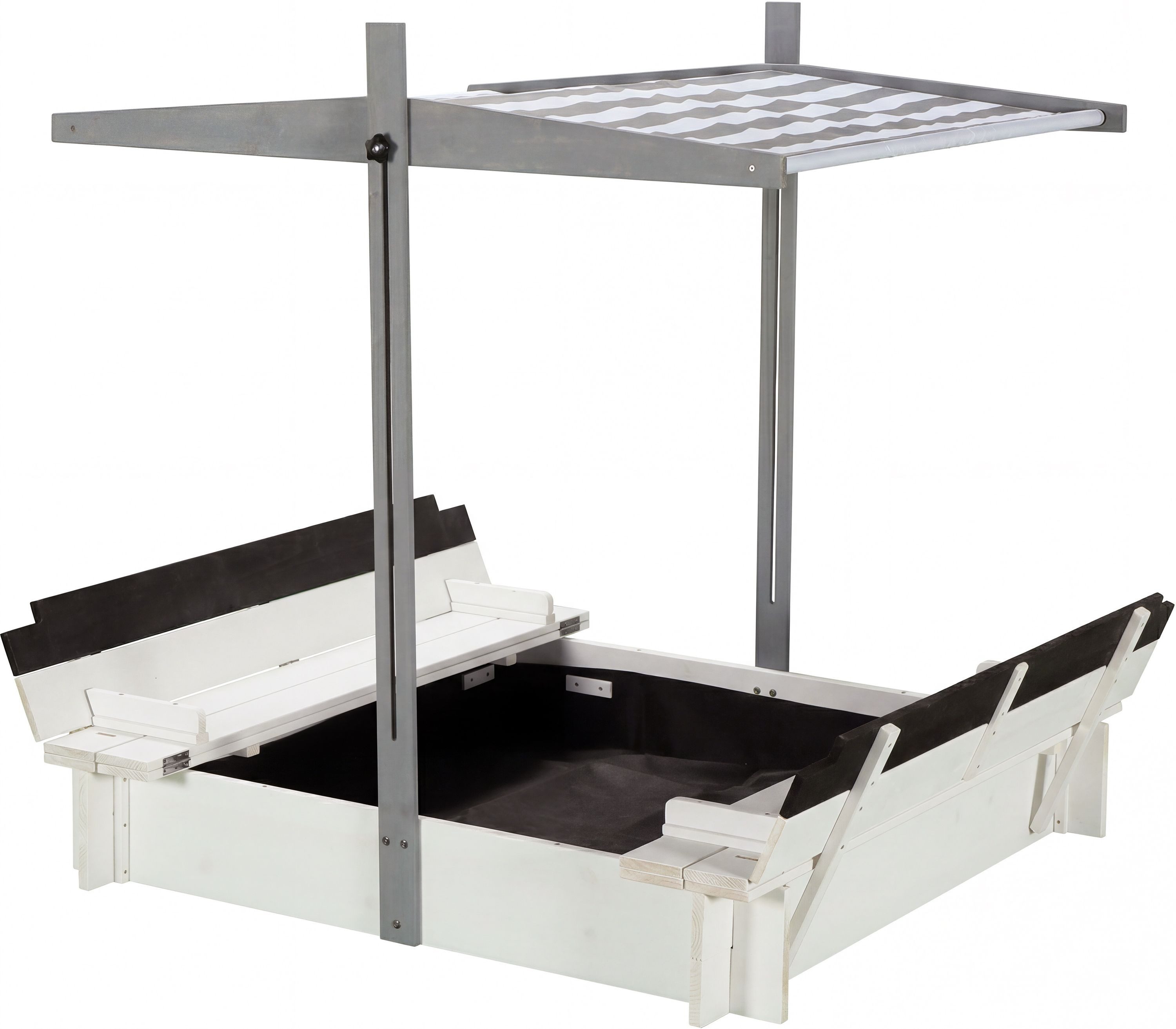 WONDERMAKE Sandkasten mit Abdeckung Dach Deckel Sitzbank Boden Bank, Sandkiste Holz Kinder, quadratisch verschließbar Outdoor Garten, 120x120 cm UV, grau schwarz