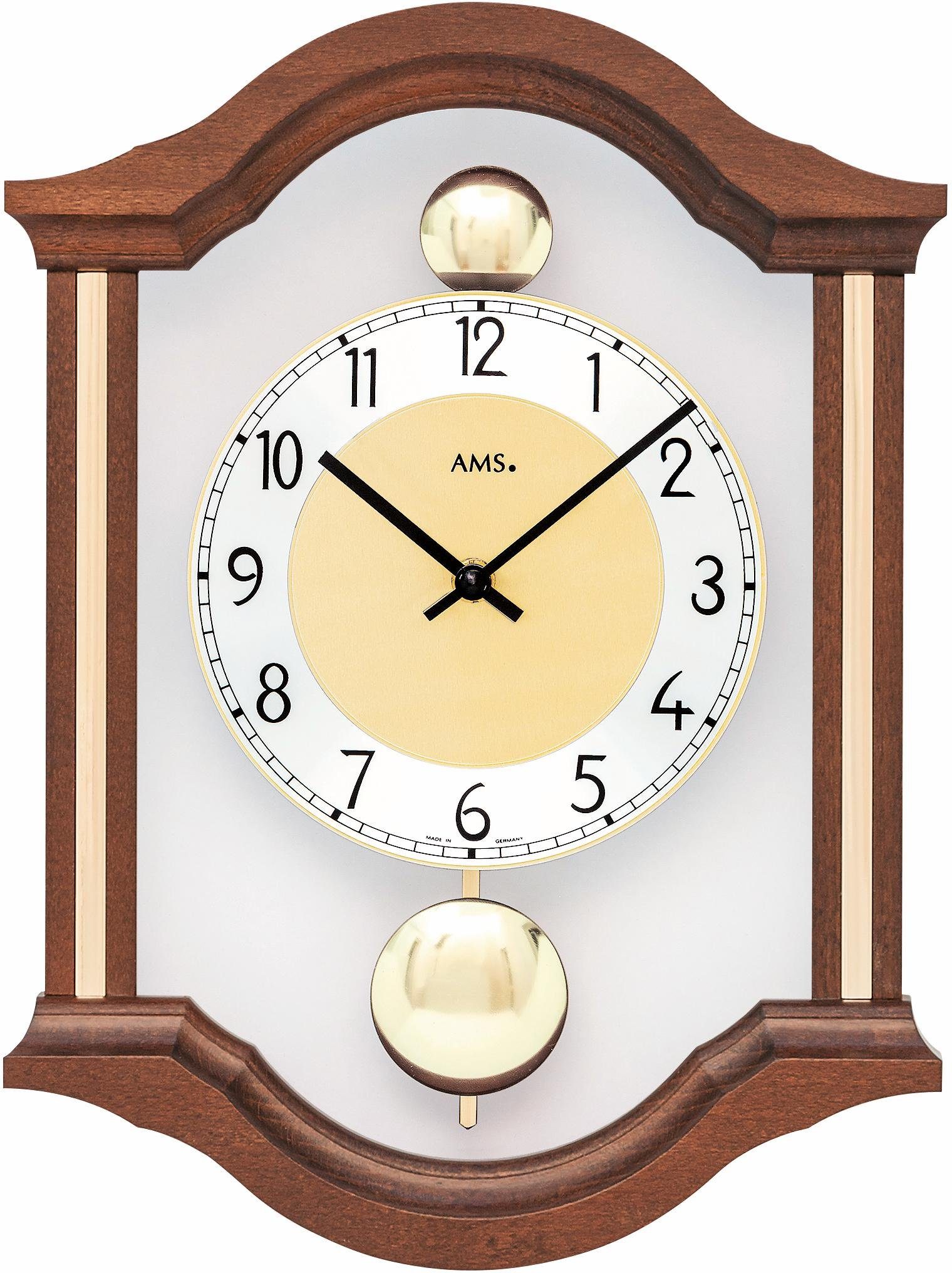AMS Pendelwanduhr W7447/1 (Quarzuhr, Holzgehäuse, Nussbaum,Esszimmer,Wohnzimmer,Made in Germany)