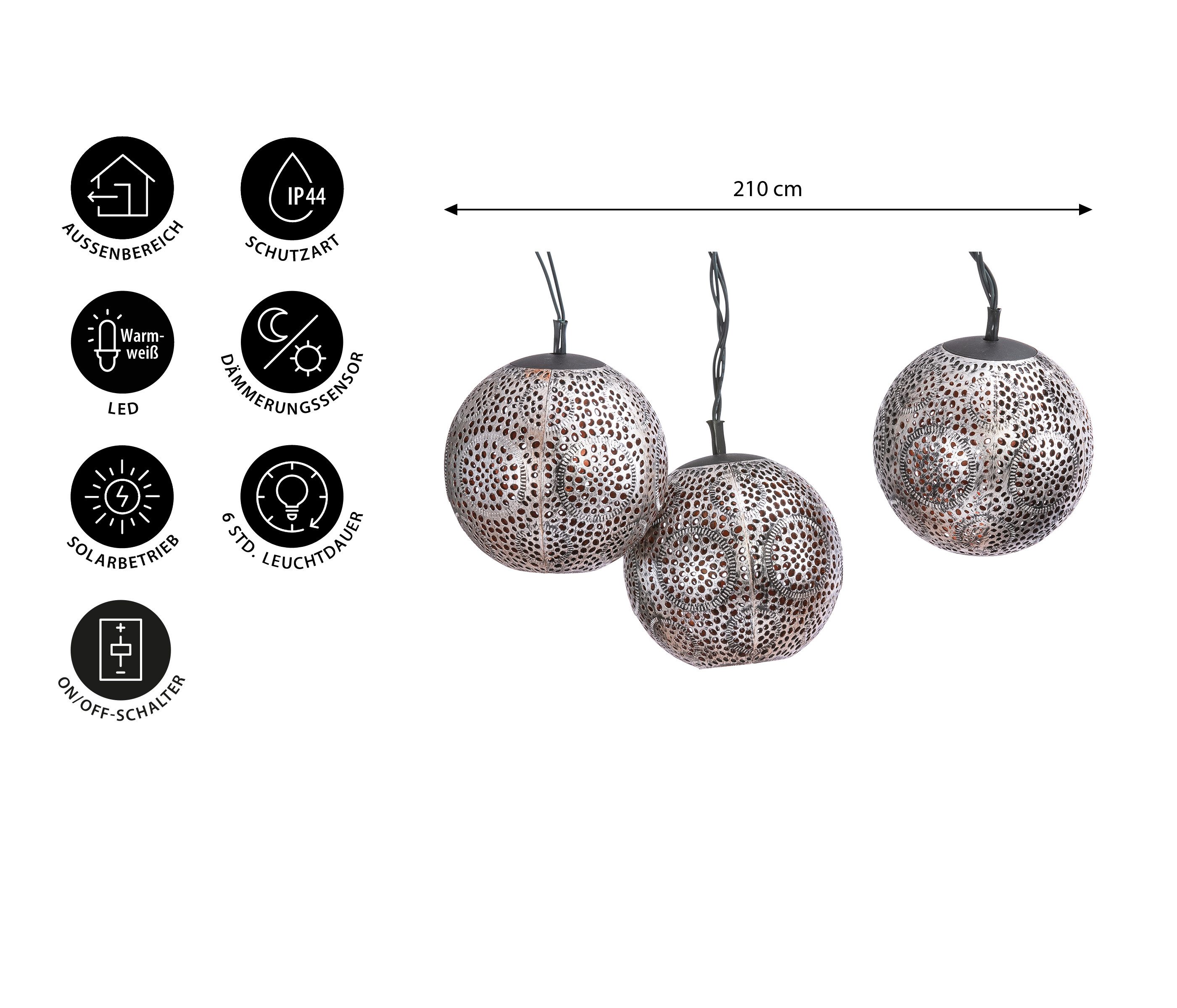 Dehner LED Solarleuchte Lichterkette Lucena, 8 LED, Ø 8 cm, Länge 210 cm, Warmweiß