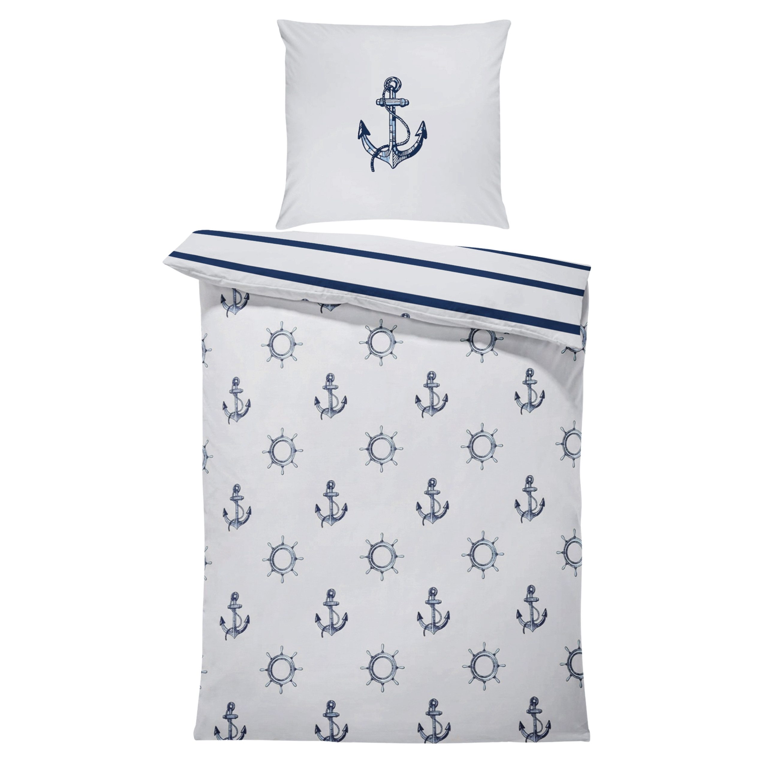 MTOnlinehandel Bettwäsche Anker 135x200 + 80x80 cm, Renforcé, maritimes Design in Hellgrau/Blau, 100% Baumwolle, 2 teilig, Küstenflair zum Wohlfühlen