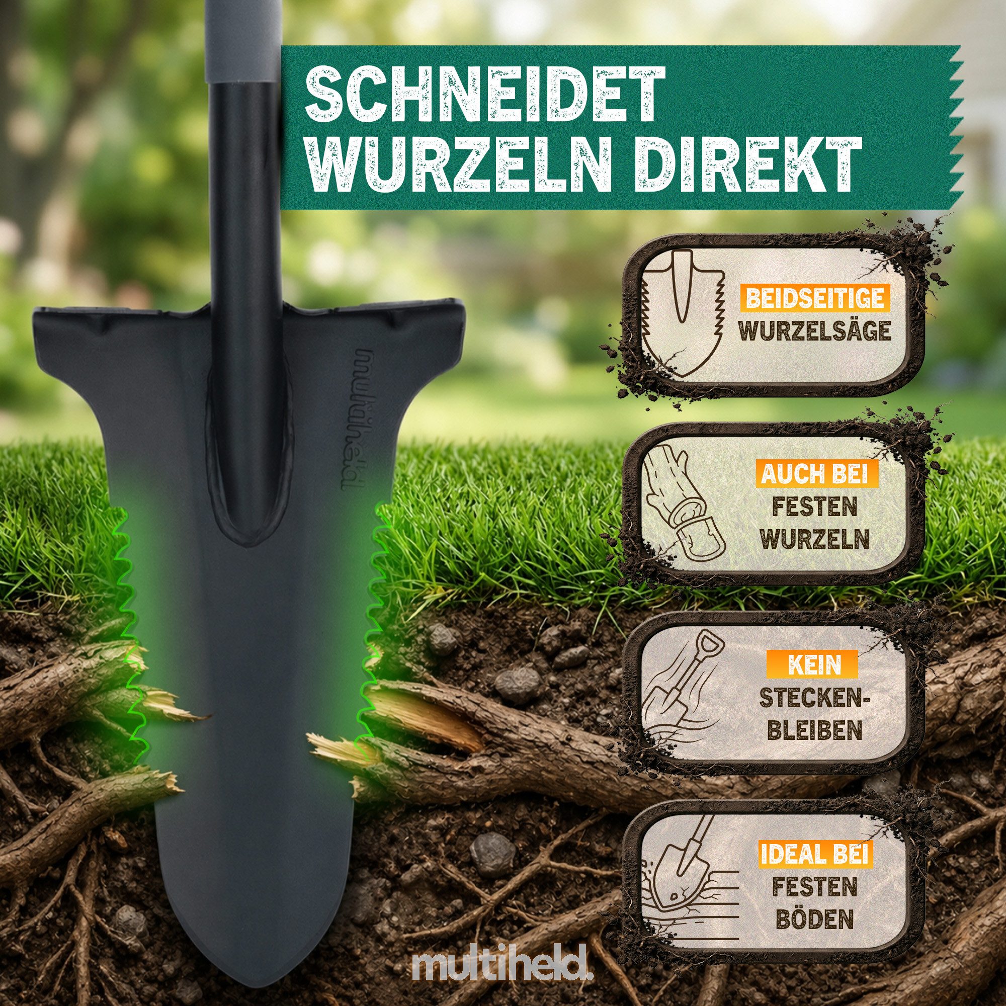 Multiheld Spaten Wurzelspaten mit Säge 120cm, 1050Mn Stahl, ergonomisch, (Robustes Gartenwerkzeug, 1-St), ergonomischer Softtouch-Griff, extra breite Trittkante