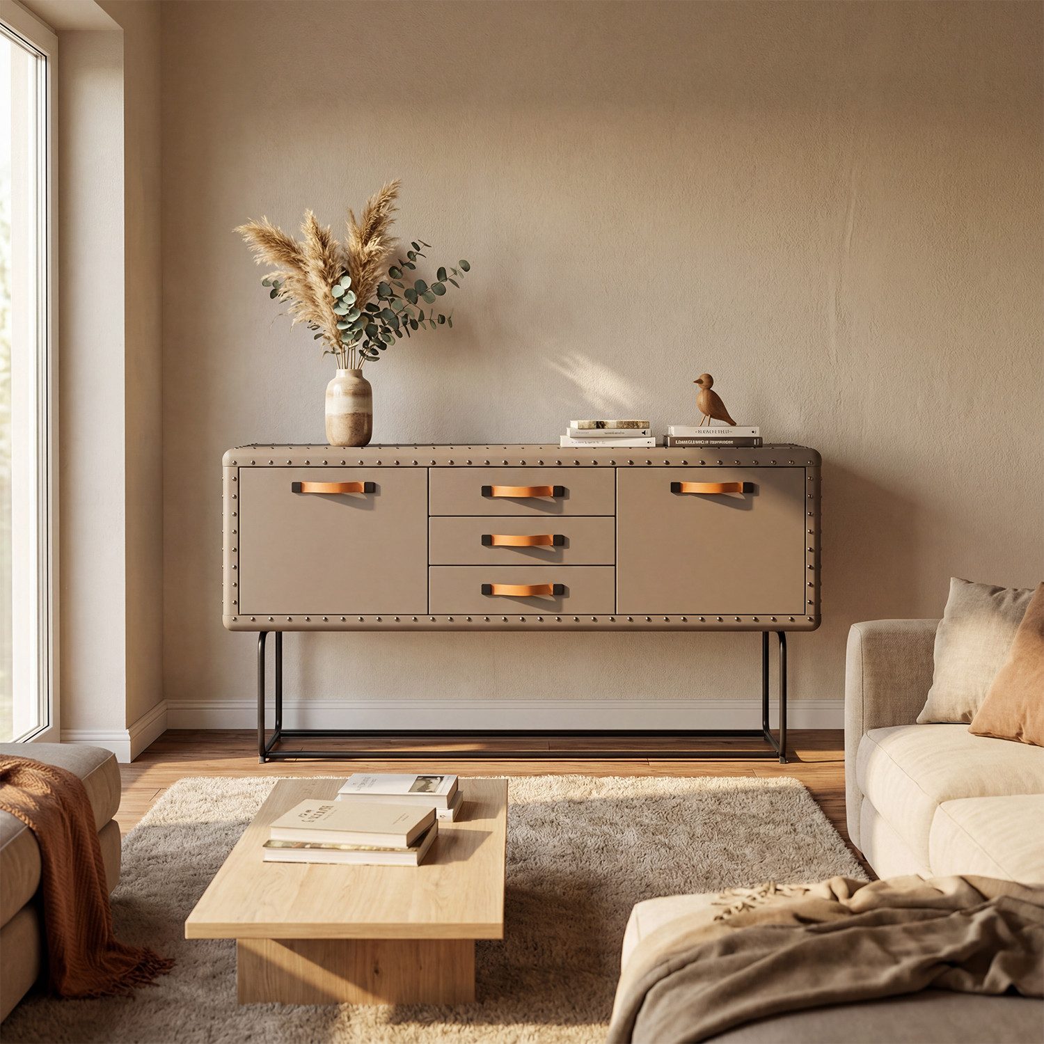 FUFU&GAGA Sideboard 160cm Leder-Optik, Vintage Kommode Industrial Style