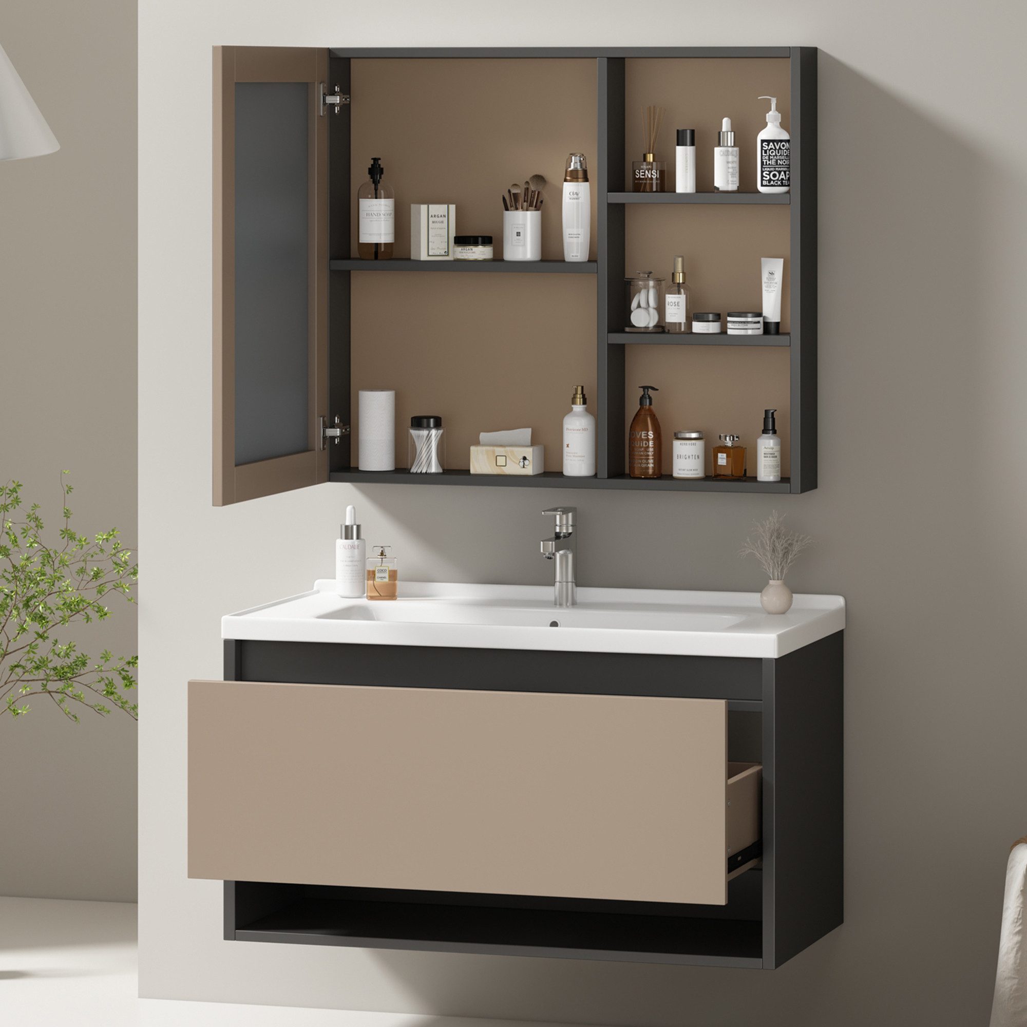 MODFU Badmöbel-Set Badschrank, Waschbeckenunterschrank hängend 90cm breit, (mit Keramikwaschbecken,Schubladen,Spiegelschrank)