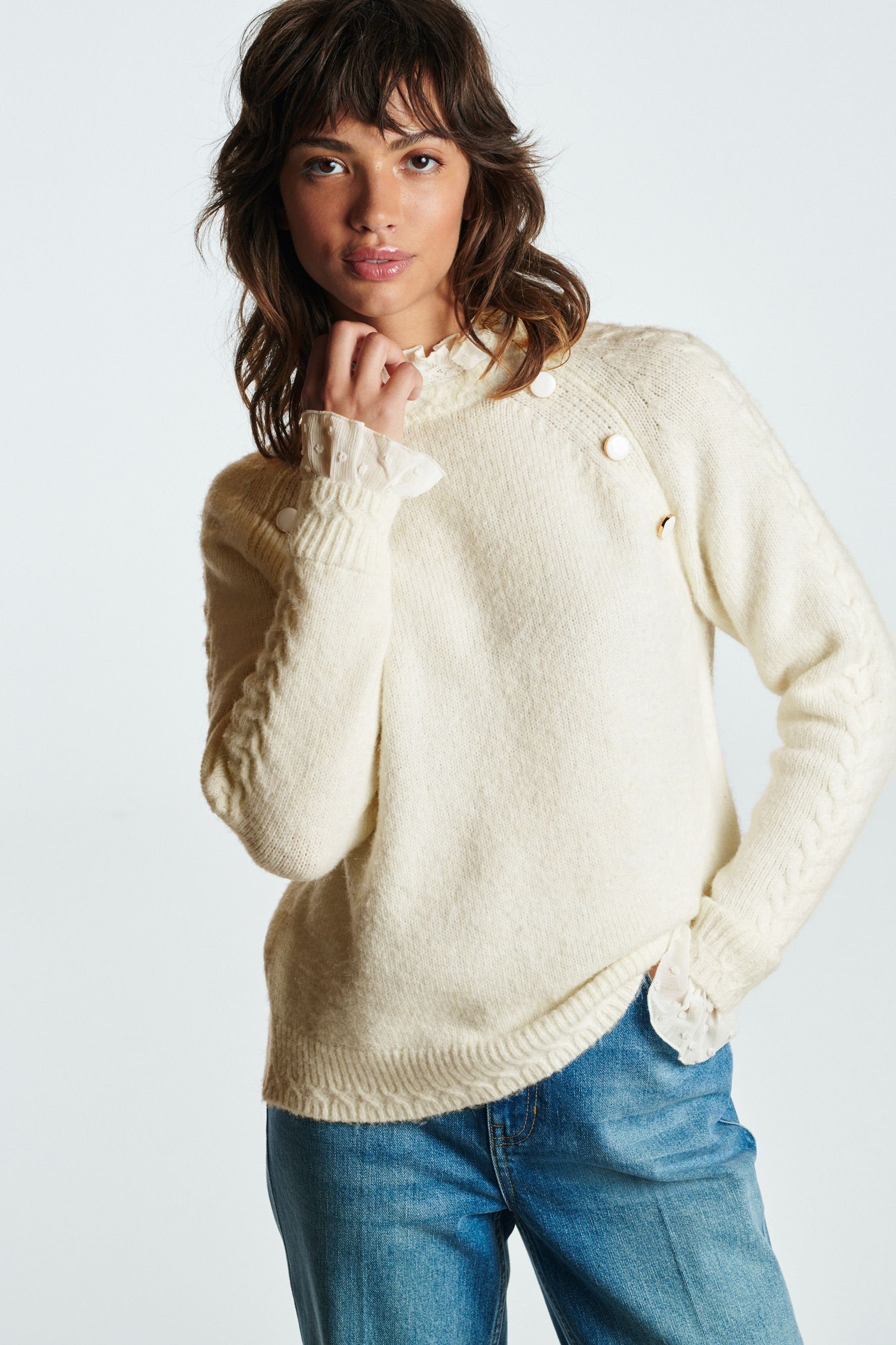 Knopfleiste Next White (1-tlg) Stehkragenpullover und Stehkragen Lagenlook-Pullover Ecru mit