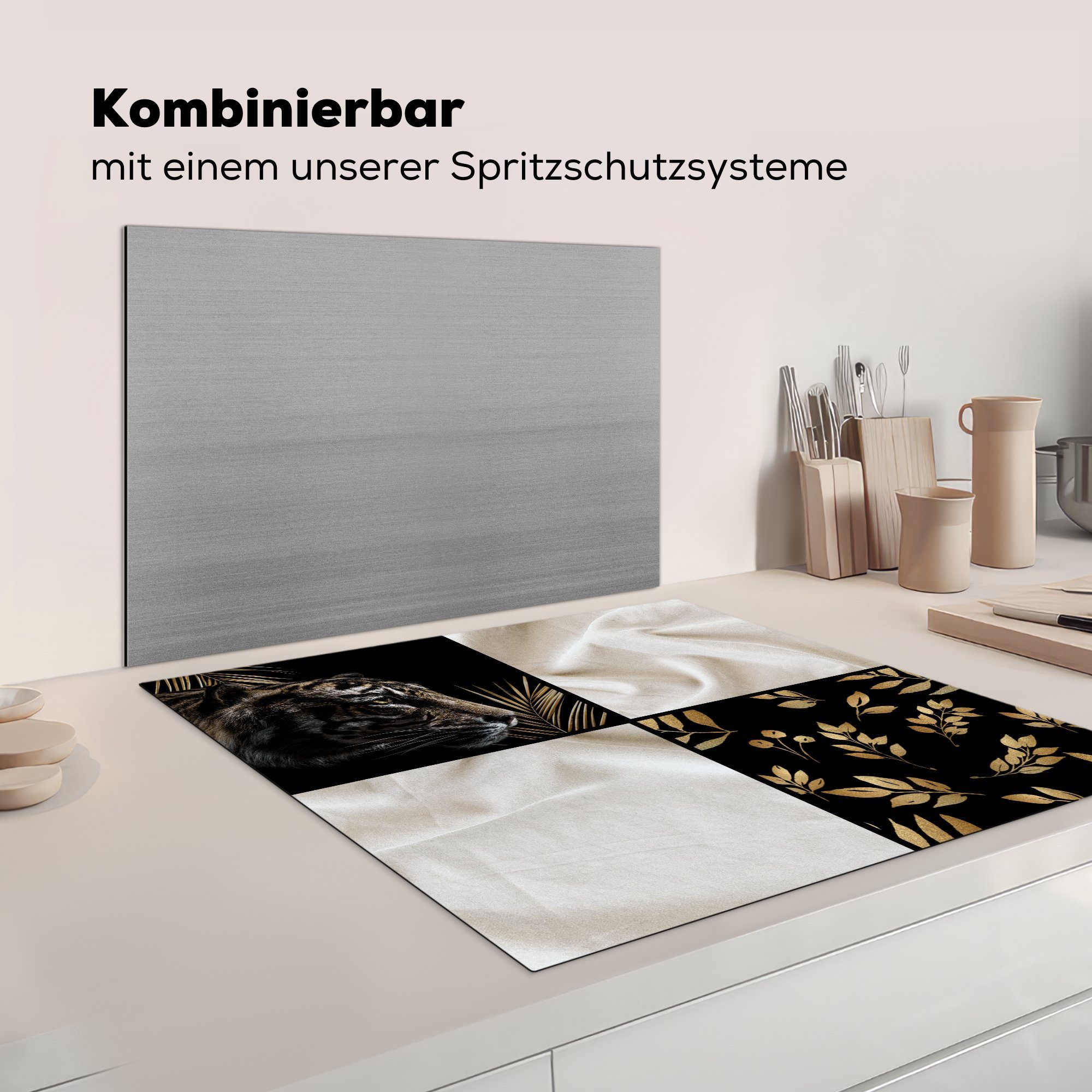 - (1 für Schwarz Herdblende-/Abdeckplatte - 78x78 - Ceranfeldabdeckung, MuchoWow cm, Tiger Arbeitsplatte Weiß, küche Gold Vinyl, tlg),