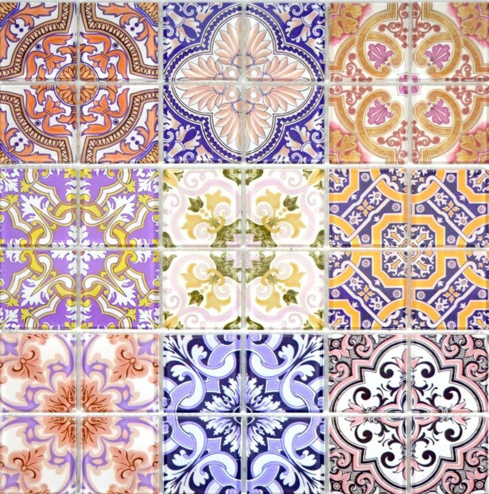 Mosani Mosaikfliesen Retro Vintage Glasmosaik mehrfarbig, Dekorative Wandverkleidung cm Wandfliesen 30x30