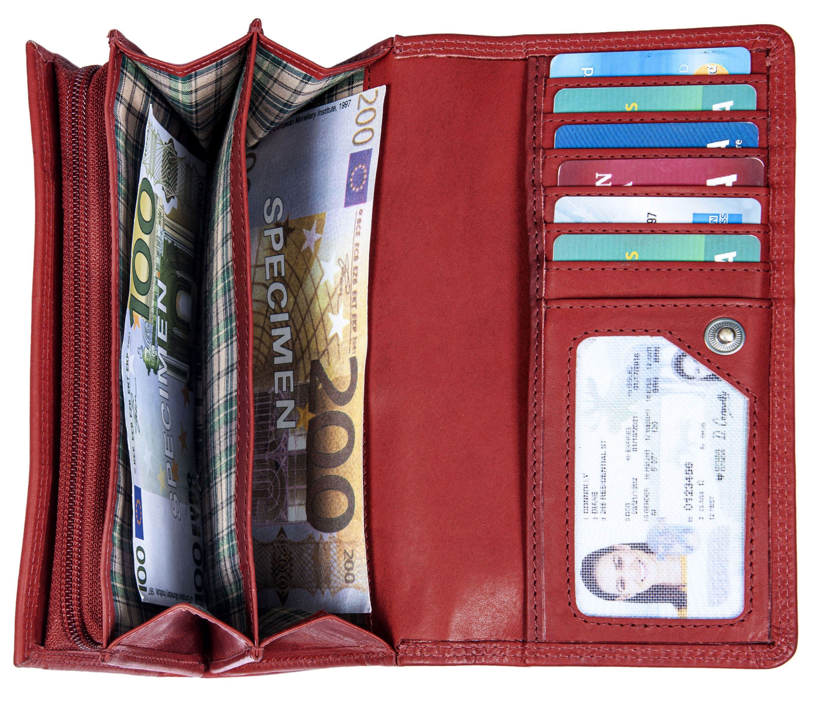 Benthill Geldbörse Damen Echt Rot Fächern mit vielen RFID-Schutz Groß RFID Münzfach Kartenfächer Portemonnaie Lang, Reißverschlussfach Leder