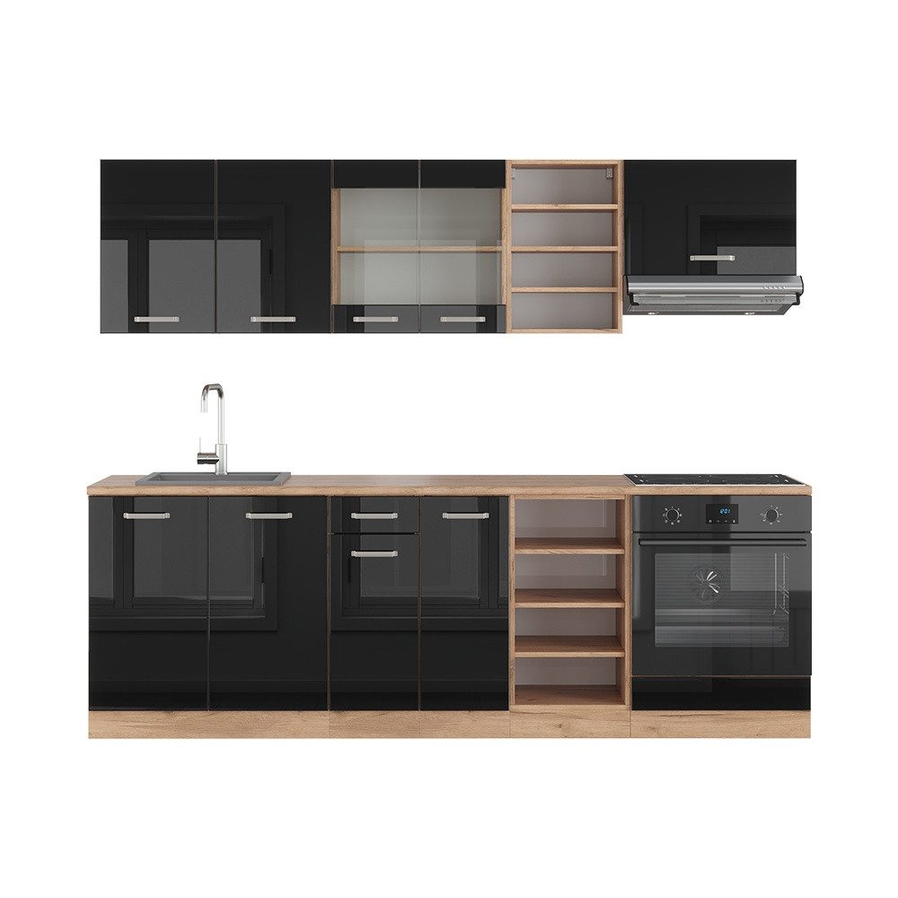 Vicco Küchenzeile R-Line, Schwarz Hochglanz/Goldkraft Eiche, 240 cm ohne Arbeitsplatte