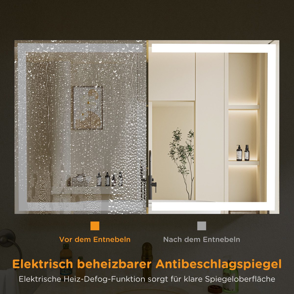 Gunuss Badezimmerspiegelschrank Hängeschrank mit LED Beleuchtung 80 Lx 60 H x 14,8 B cm (LED, mit Touch und Steckdose, hochwertigem Alu) Badezimmer Medizin Kabinett mit Defog, Stufenloses Dimmen, Steckdosen