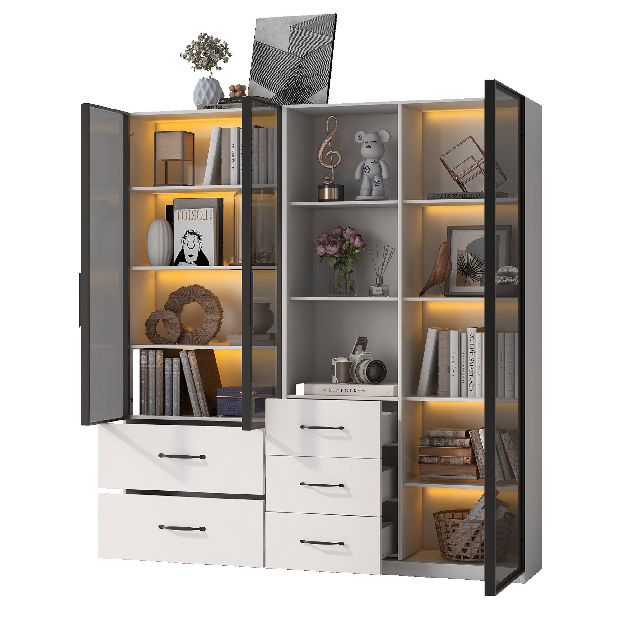 Flieks Vitrine Glasvitrine mit LED-Beleuchtung, 5 Schubladen und 3 Glastüren (1-St., B140/T40/H160 cm) Hochschrank Bücherregal Multifunktionsschrank mit Fächern Weiß
