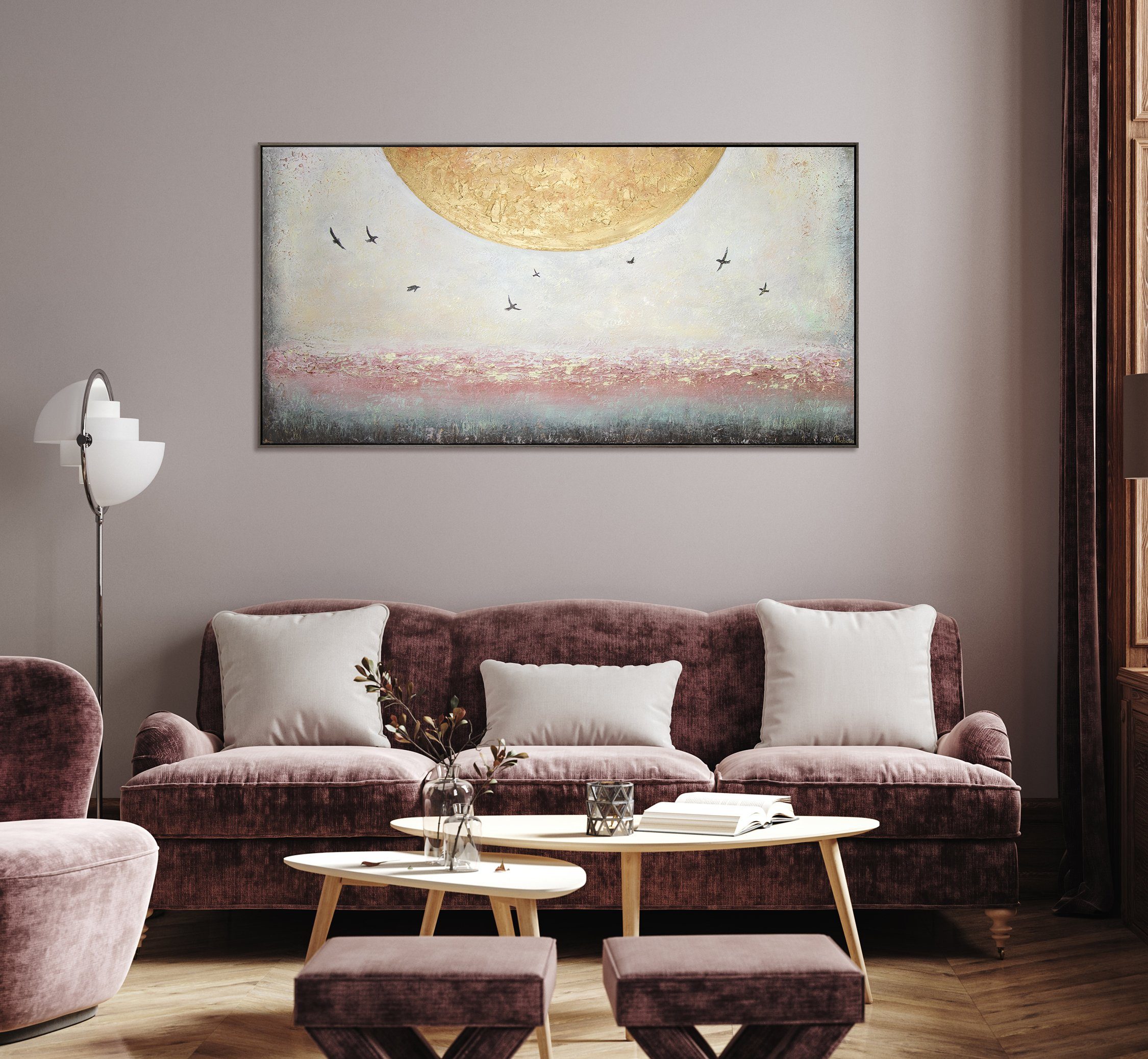 Handgemalt in Süden Gemälde Sonnenenergie, Landschaft, Gold Mit Grau Leinwand Sonne Vögel YS-Art Bild Rahmen