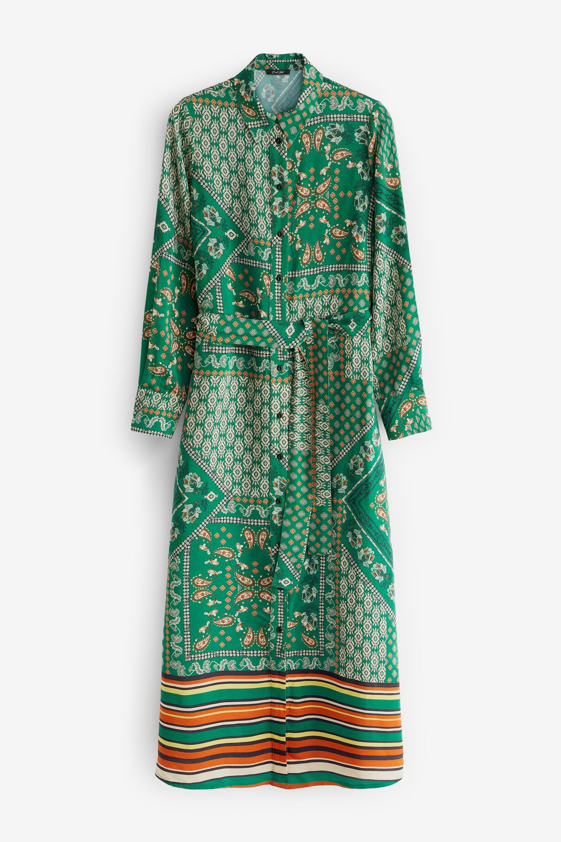 Next Midikleid Langärmeliges, mittellanges Hemdkleid mit Gürtel (1-tlg) Green Scarf Print | Kleider