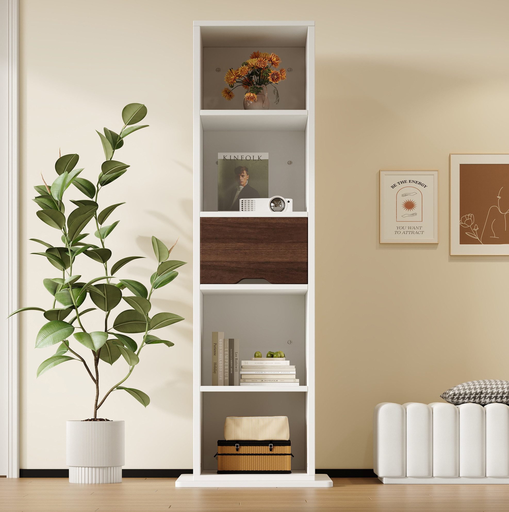 OKWISH Spiegelschrank Hochschrank Badschrank (Drehbarer Badezimmermöbel 45 x 45 x 168 cm mit Ganzkörperspiegel, offenen Ablagefächern und Schublade, freistehender Aufbewahrungsschrank)