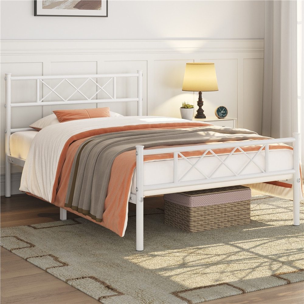 Yaheetech Bettgestell Metallbett mit Lattenrost, Bettrahmen mit Kopfteil, für Schlafzimmer, 90/140 cm (B)
