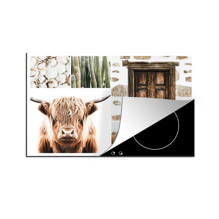 MuchoWow Herdblende-/Abdeckplatte Schottischer Highlander - Collage - Weiß - Beige Vinyl (1 tlg) Ceranfeldabdeckung für die küche Induktionsmatte