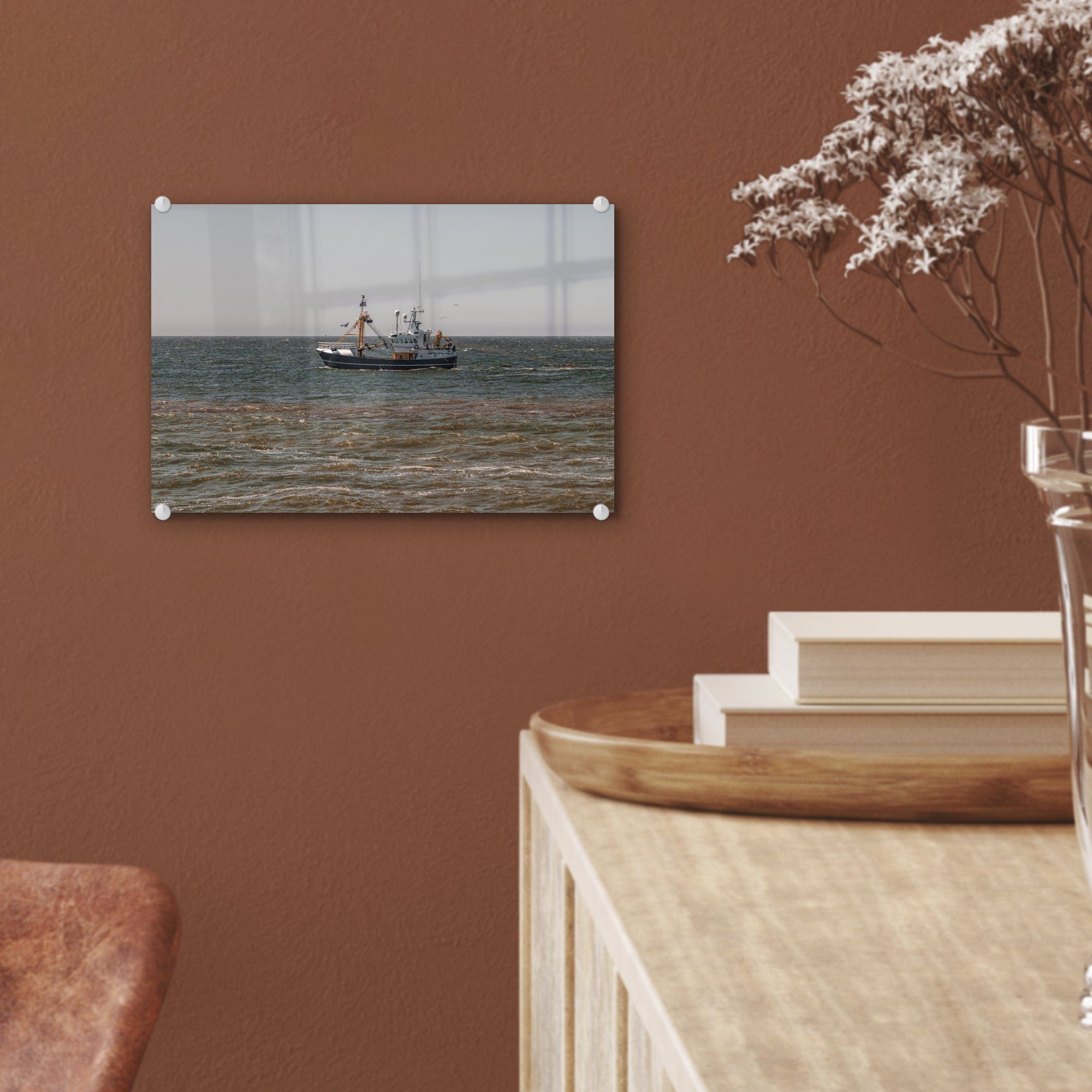 Wanddekoration St), - Bilder Wasser, Wandbild - Foto auf Glasbilder - - - Glas MuchoWow Fischerboot auf Glas Acrylglasbild Nordsee (1