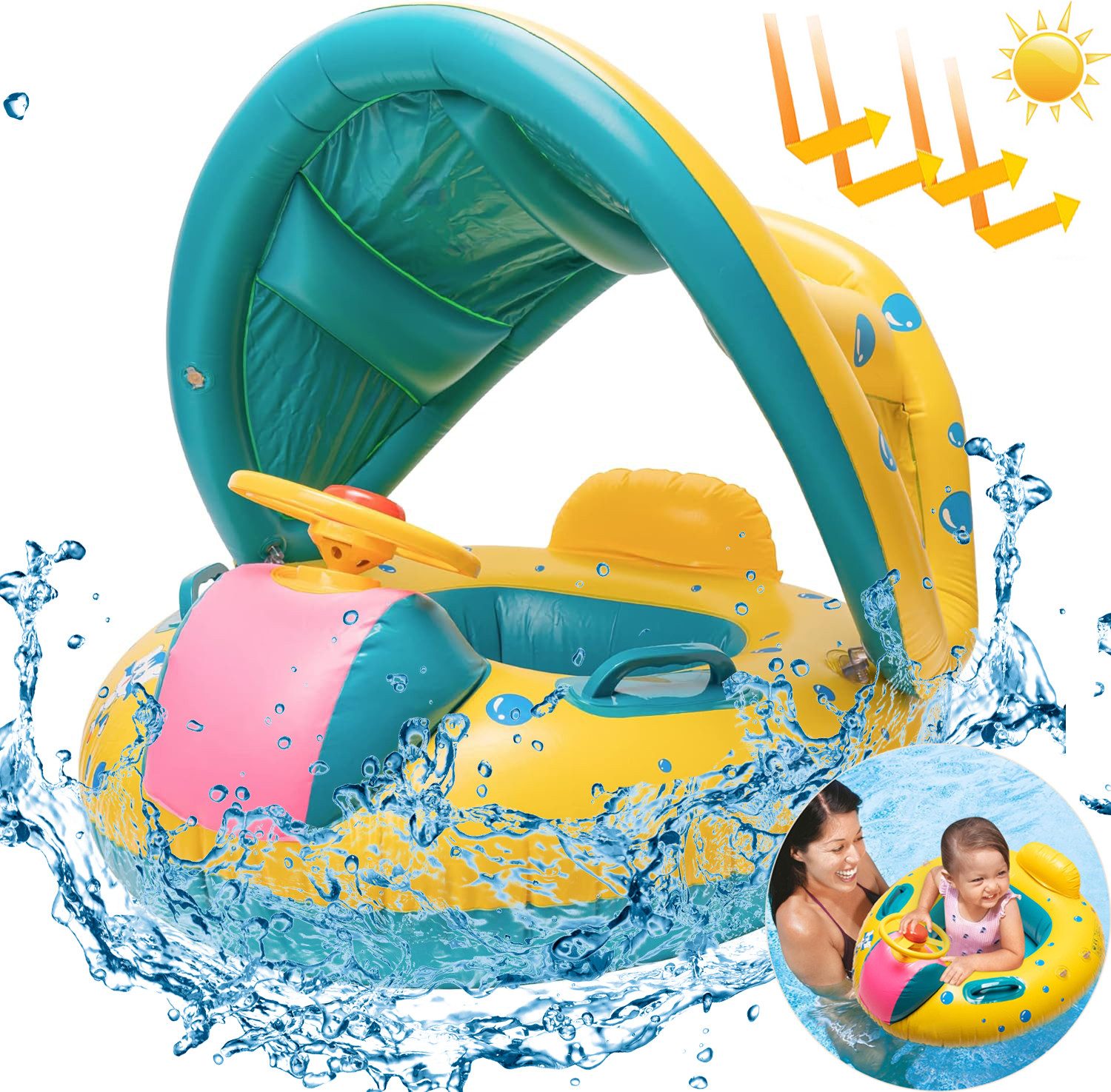 GOOLOO Schwimmsitz Aufblasbarer Schwimmreifen für Kleinkinder Kinderboot Schwimmer (mit Spielkonsole und Sonnenschut, 1-tlg., Tragfähigkeit bis zu 30 kg)