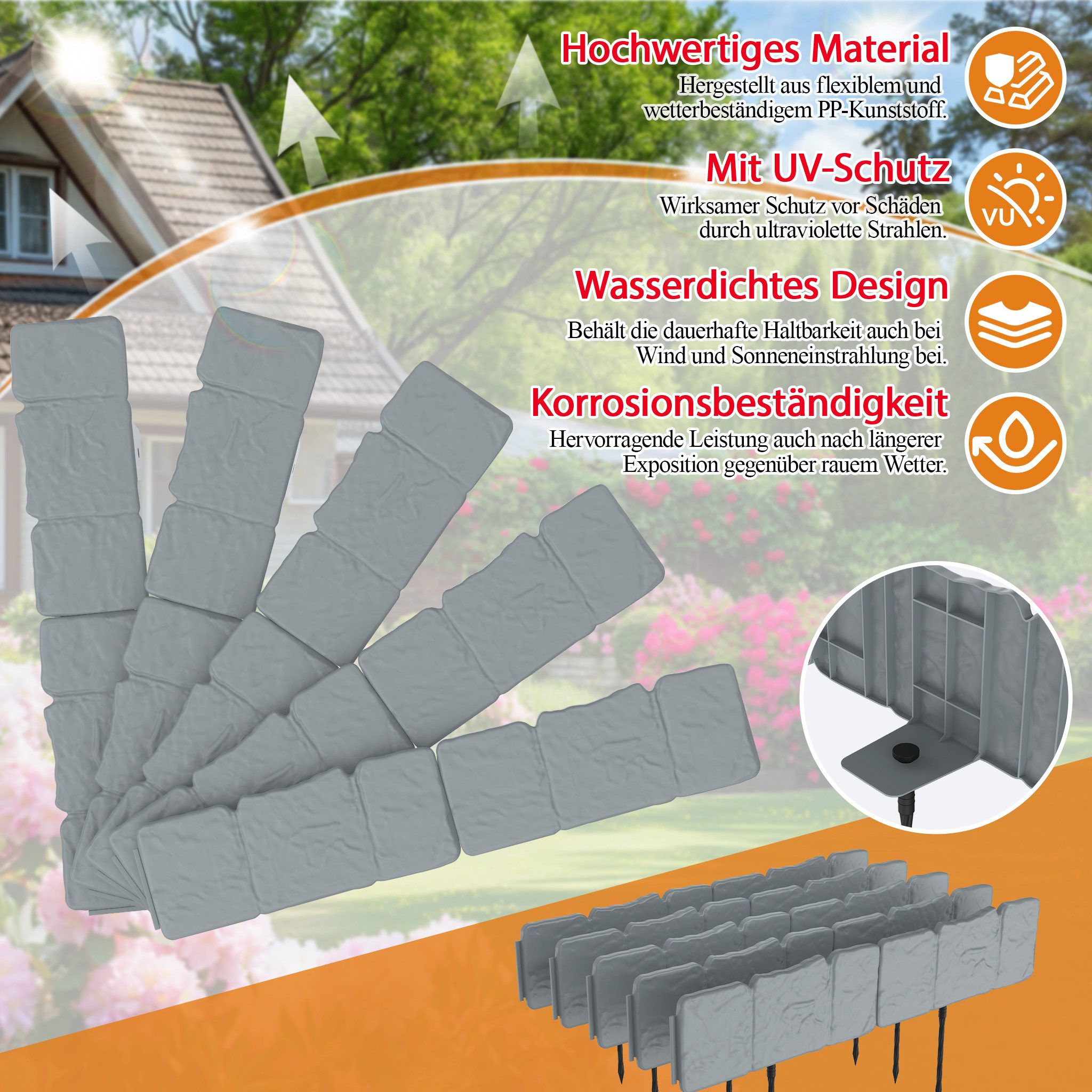 FIVMEN Rasenkante Beeteinfassung Kunstoff mit Bodenspikes Mähkante Palisade, für Blumen Gartenzaun Pro Stück 25x10cm (L x H)