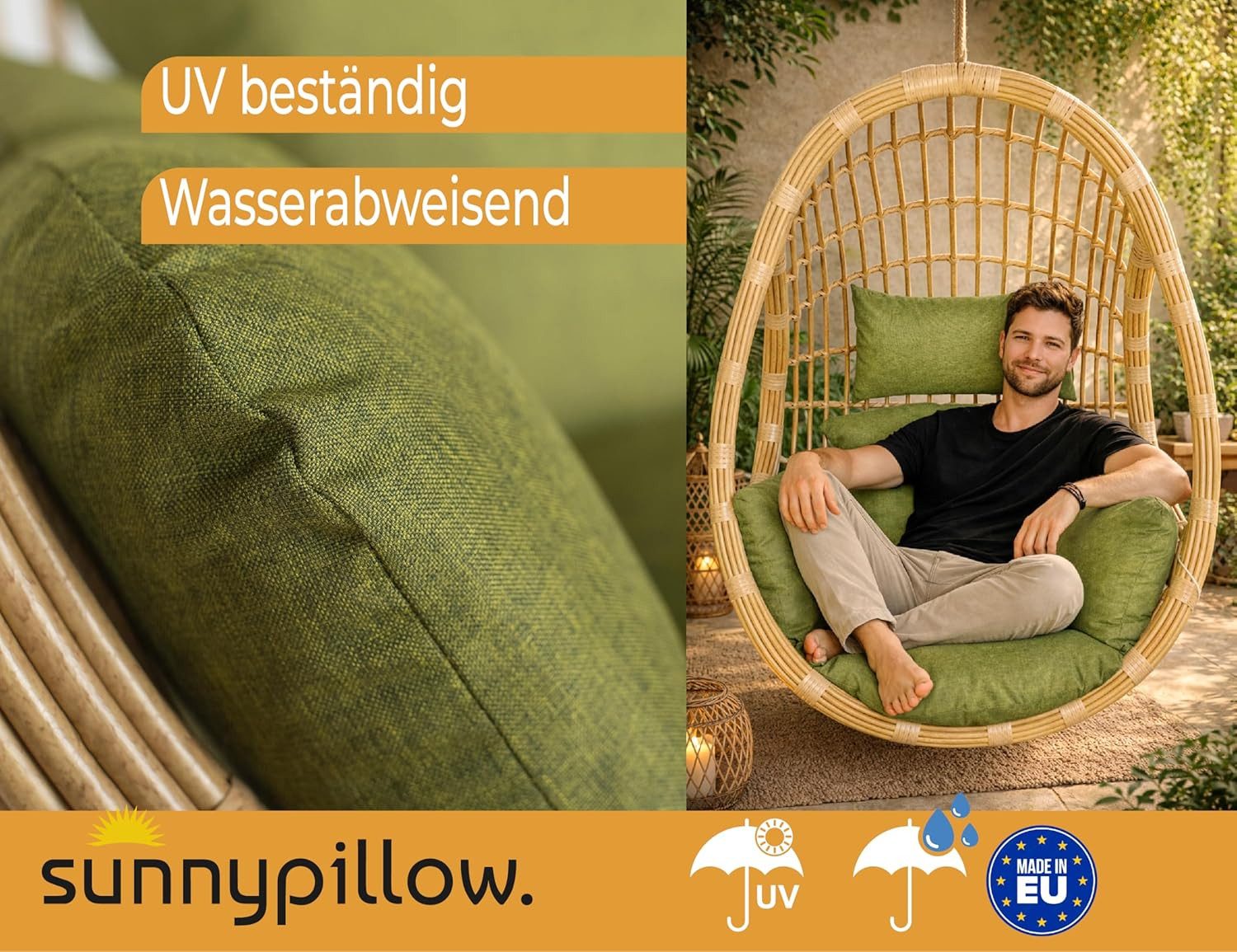 sunnypillow Hängesessel Auflage für Rattan & Polyrattan Hängeschaukel, Grün