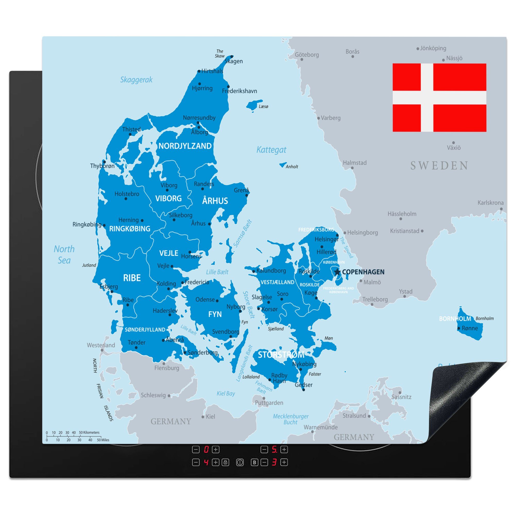 MuchoWow Herdblende-/Abdeckplatte Illustration einer blauen Karte von Dänemark mit einer Flagge, Vinyl, (1 tlg), 60x52 cm, Mobile Arbeitsfläche nutzbar, Ceranfeldabdeckung