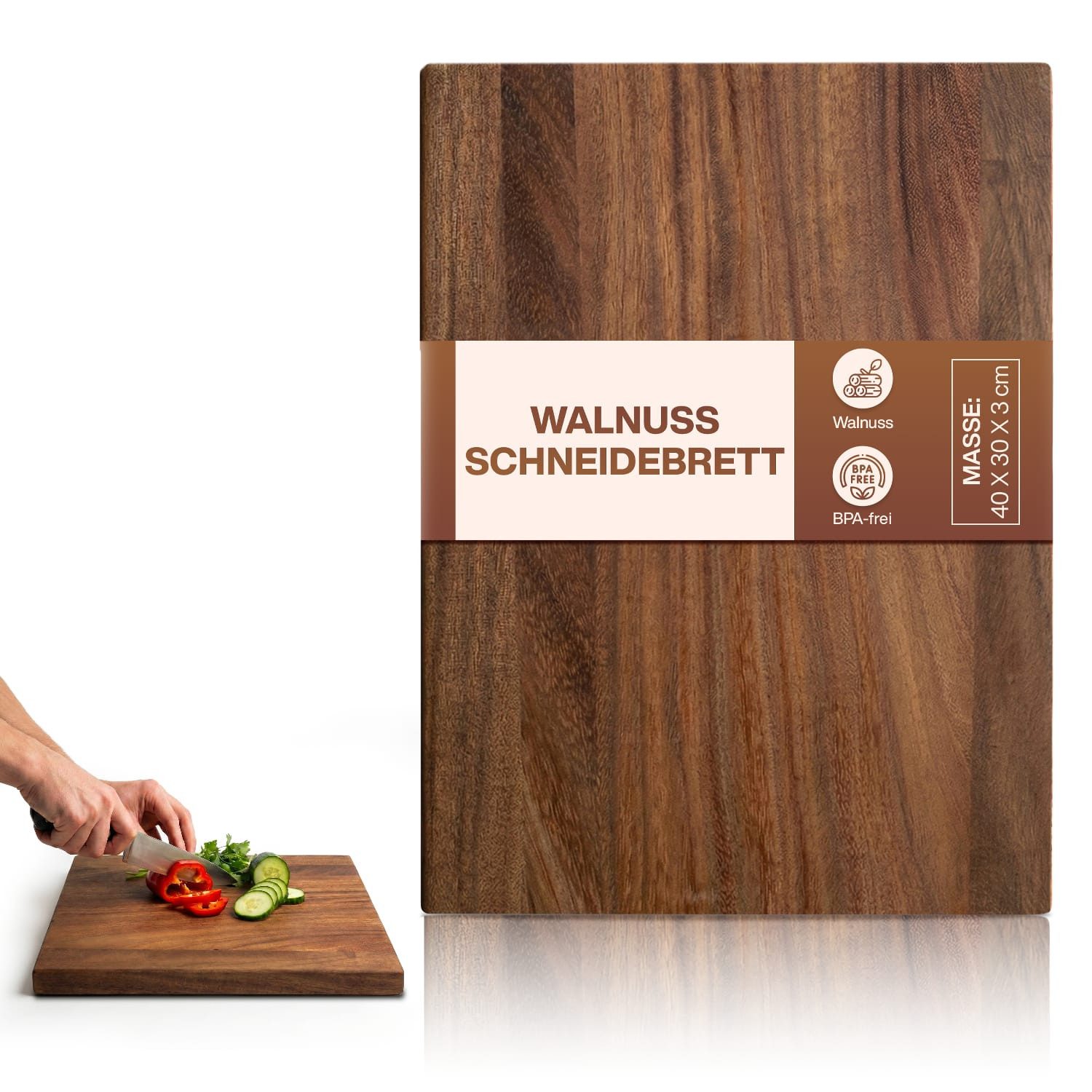 PEGSEN Schneidebrett Premium Küchenbrett Hackblock Holzschneidebrett 40x30x3cm, Massivholz, Nussbaum, mit rutschfesten Standfüßen, Servierbrett & Tranchierbrett