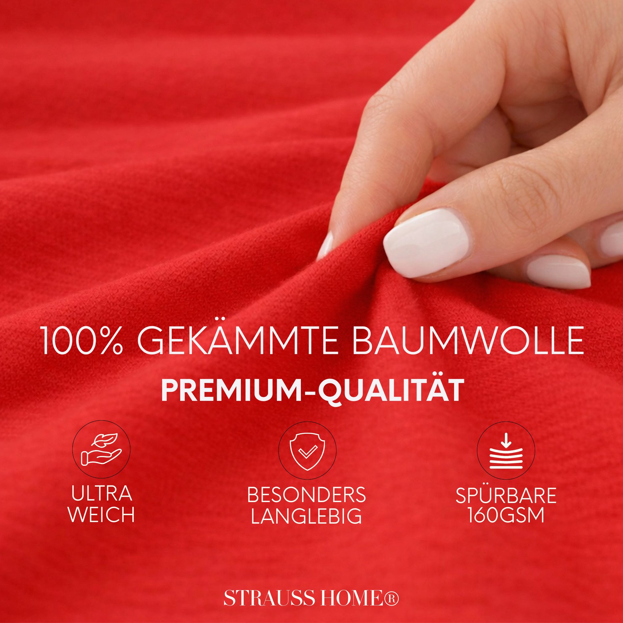 Strauss Home Spannbettlaken Premium 160 g/m² Gekämmte Baumwolle Jersey in Hotelqualität, Gummizug: Rundumgummi, OEKO-TEX®-zertifiziert - Hotelqualität – Formstabil & Langlebig