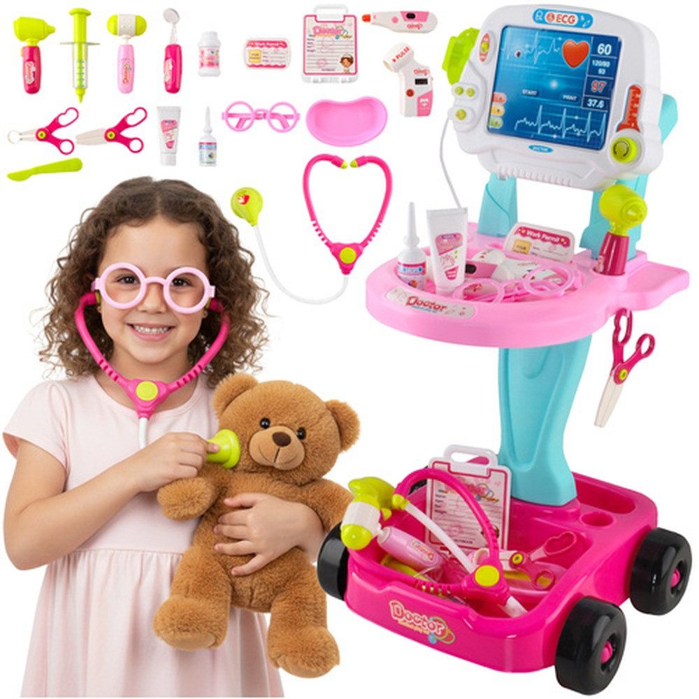 ISO TRADE Spielzeug-Arztkoffer Arztset Spielzeugwagen, (Spar-Set, Kreativität), Mobiler 2-stöckiger Kinderwagen hält alle Instrumente griffbereit