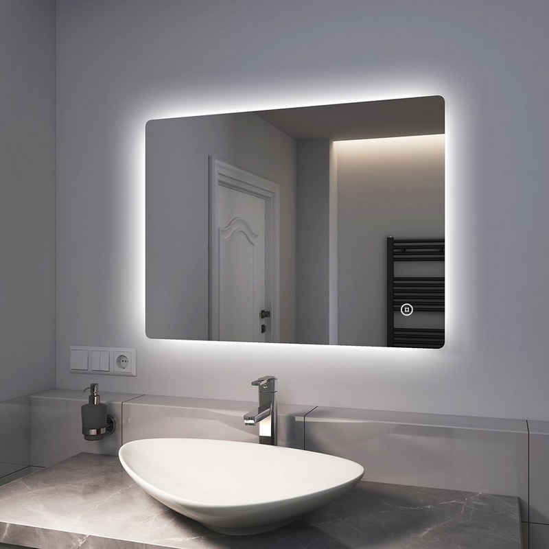 EMKE Дзеркало для ванної кімнати Дзеркало для ванної кімнати mit Beleuchtung Текстиль для ванниspiegel Wandspiegel mit LED, mit Touch 3 Farben des Lichts Dimmbar 80-100cm