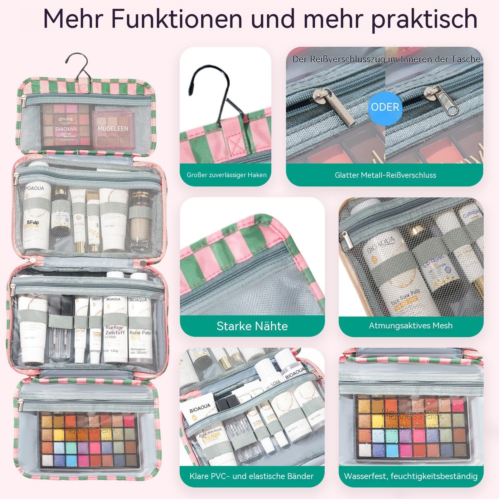 Zyronn Kulturbeutel Reise Kulturtasche Damen, Wasserabweisende Kulturbeutel mit Nassfach, Stilvolle, gestreifte Kosmetiktasche mit Haken