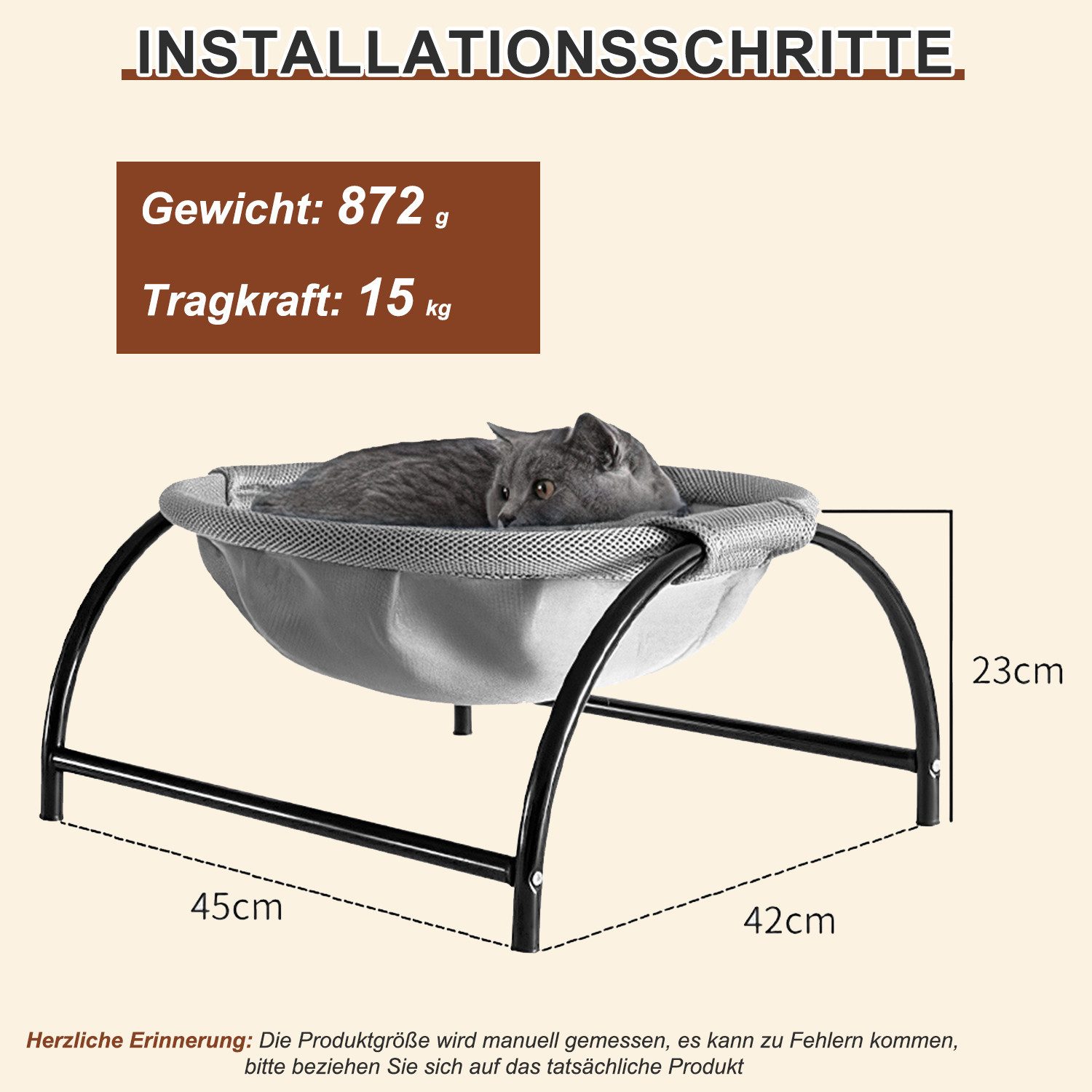 HEYHIPPO Katzen-Hängematte Katzenbett Hängematte Bodenstehend, gemütlich & platzsparend, Atmungsaktives Mesh-Material, Freistehendes, atmungsaktives Katzenbett mit Rahmen 45×42×23cm Grau