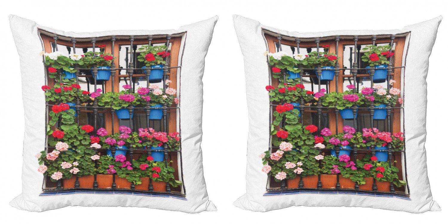 Kissenbezüge Modern Accent Doppelseitiger Digitaldruck, Abakuhaus (2 Stück), Pelargonien Blumentöpfe auf alten Fenster