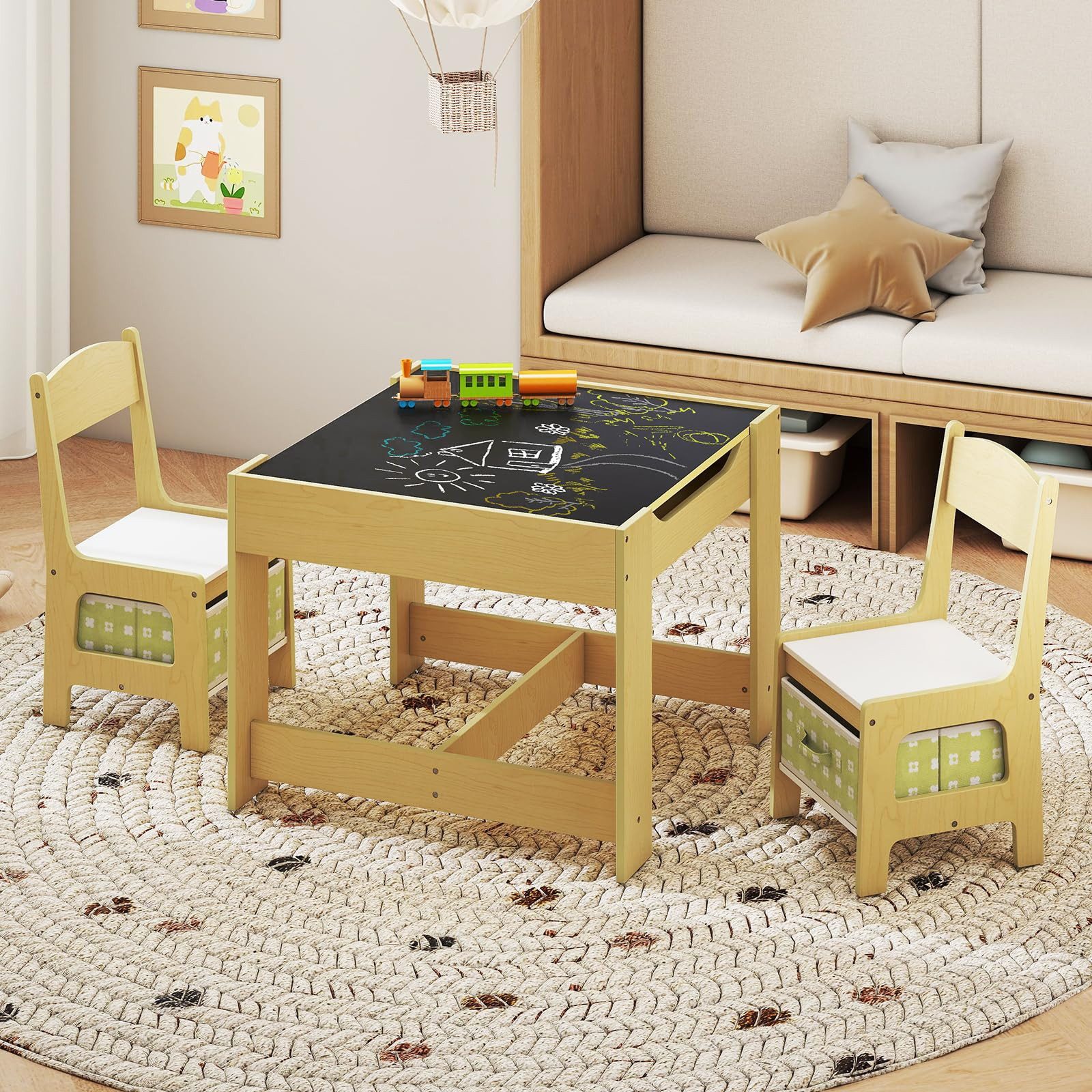 COSTWAY Kindersitzgruppe, 3tlg. Kindertisch mit 2 günstig online kaufen