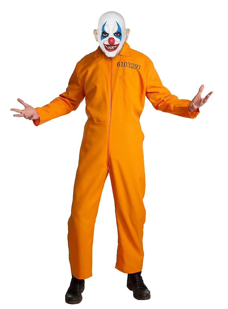 Metamorph Clown-Kostüm Häftling Kostüm mit Clownsmaske - Halloween, Gefängnis-Overall und Horrorclown Maske für Schwerverbrecher mit sch