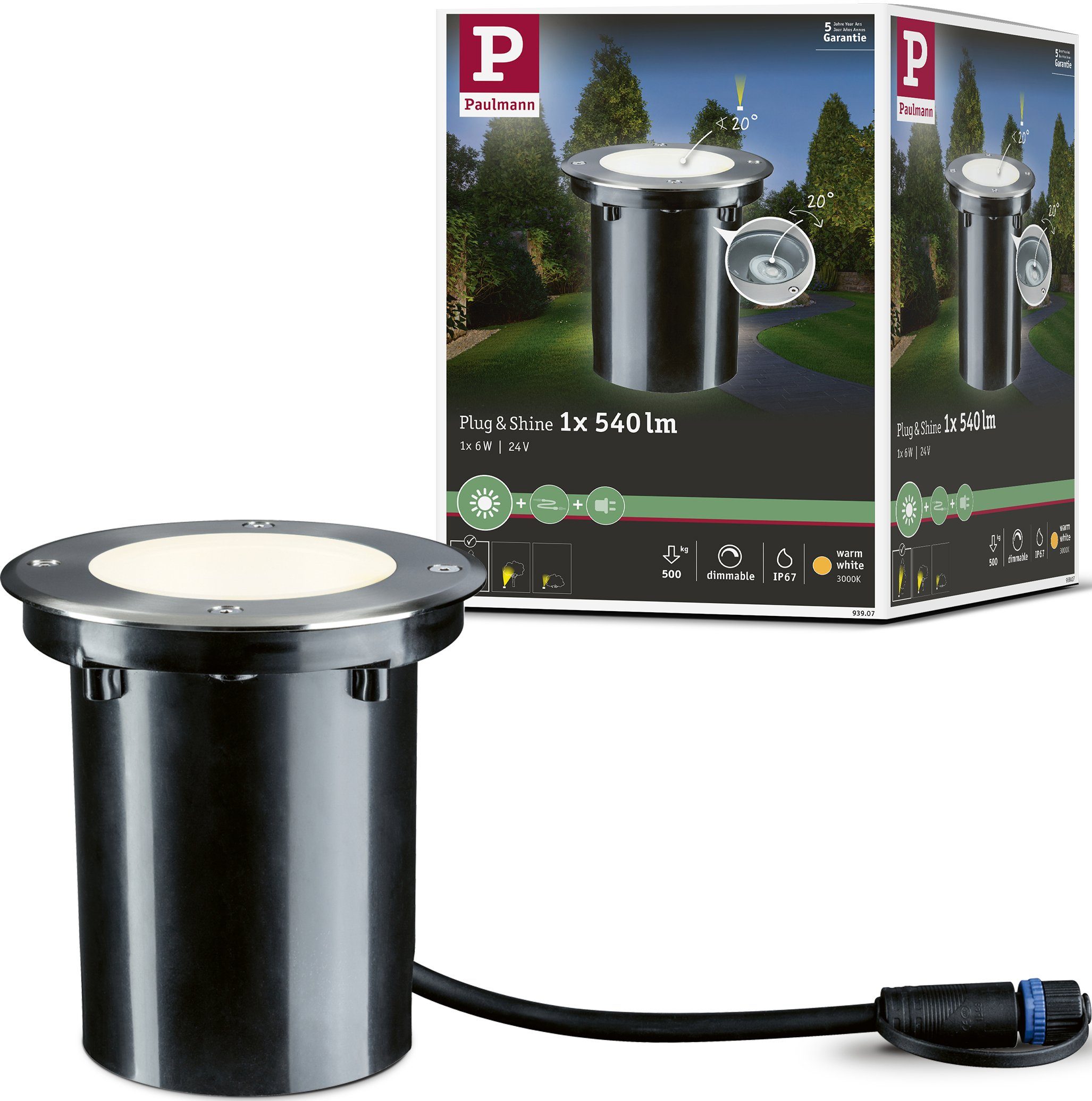 Paulmann LED Einbauleuchte Plug LED & Warmweiß, 3000K & Shine, fest 24Vschwenkbar Plug Shine, IP67 integriert