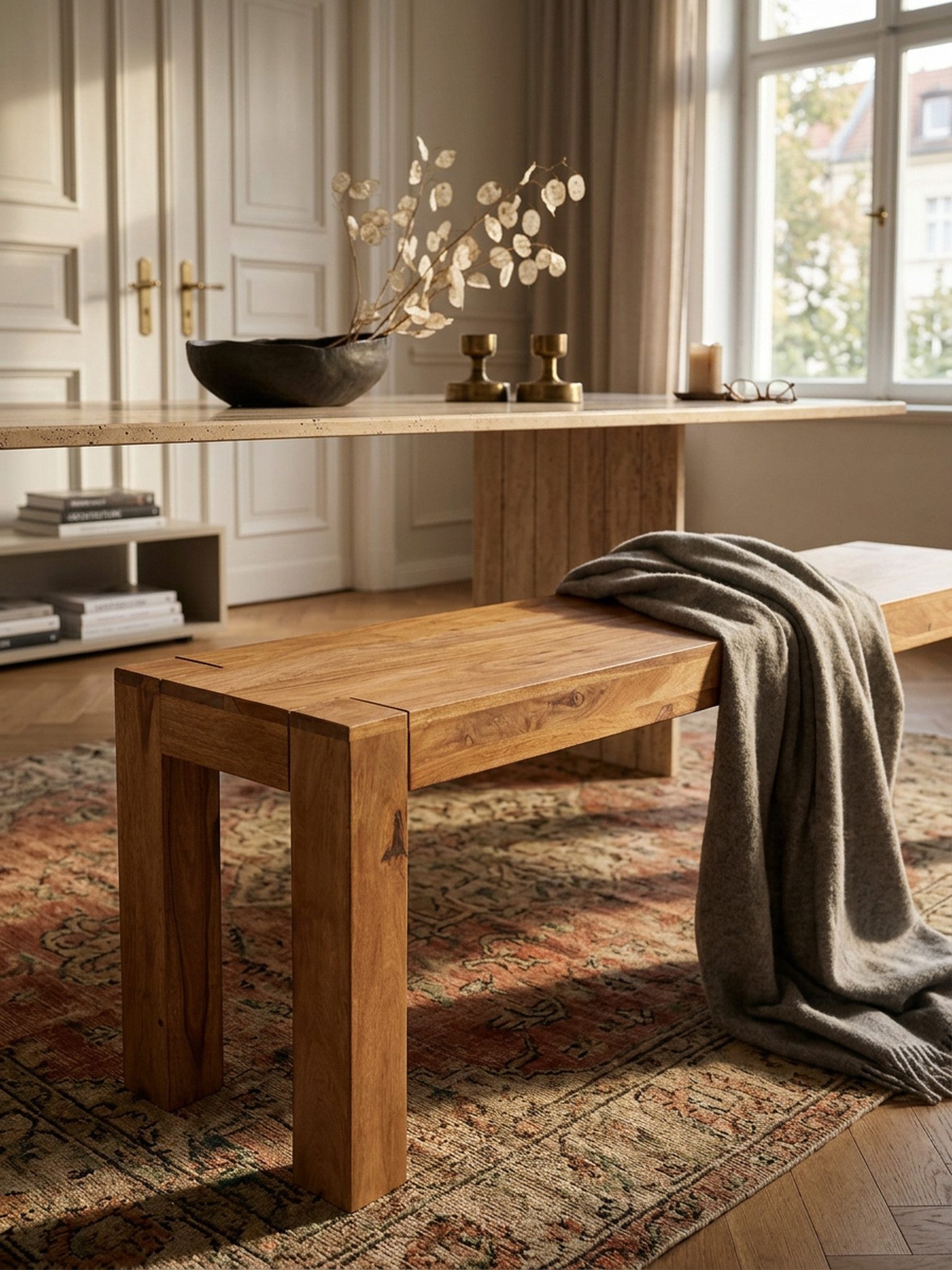 KADIMA DESIGN Sitzbank Esszimmer Sitzbank MUMBAI Massiv-Holz Akazie 120 x 45 x 35 cm, Holz-Bank Natur-Produkt Küchenbank im Landhaus-Stil