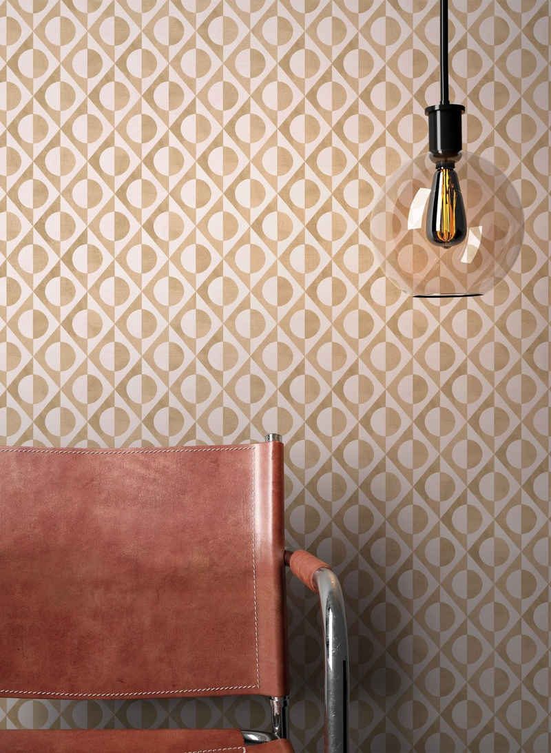 Newroom Vliestapete, Rosa Tapete Modern Kreise - Mustertapete Retrotapete Gold Retro Geometrisch Grafik Muster für Wohnzimmer Schlafzimmer Küche