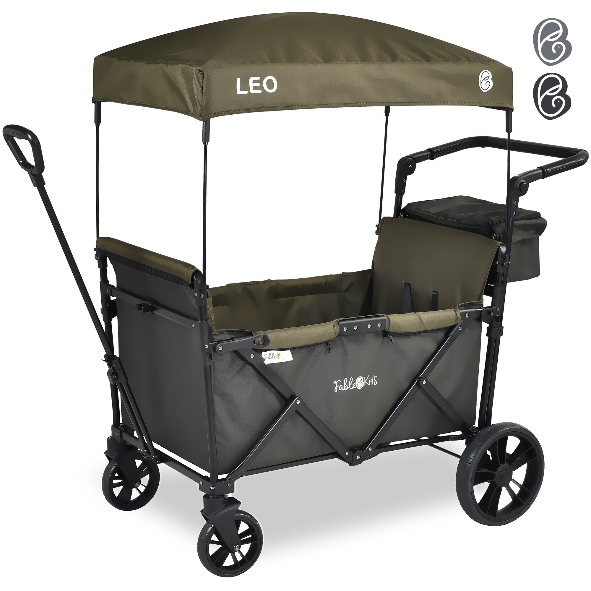 FableKids Bollerwagen LEO X2Lite – Faltbarer Transportwagen mit Dach 5-Punkt-Gurt (Safari Grün), Hecktasche, Abdeckhaube