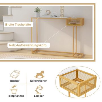 COSTWAY Konsolentisch, schmal, Mamor, mit Korb, gold, Metall, 110x30x80cm