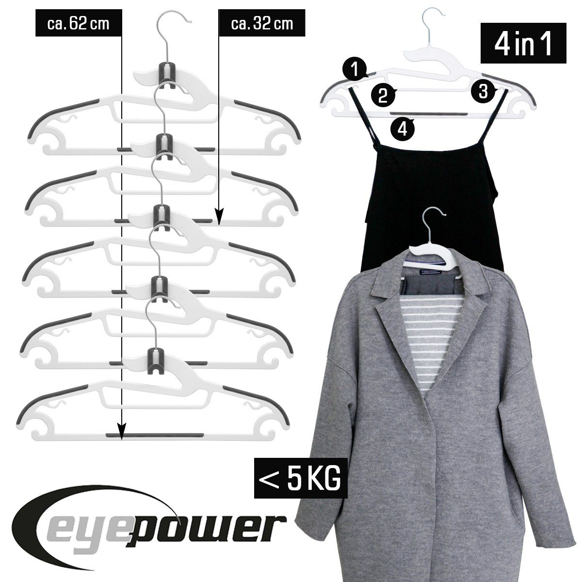 eyepower Kleiderbügel 10 Platzsparender Kleiderbügel Antirutsch Haken-Organizer, 20 weiss Bügel