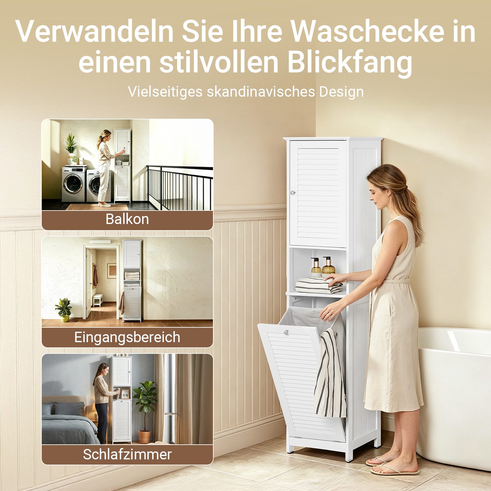 SoBuy Hochschrank BZR124, Badschrank schmal, Badschrank mit Regal, Badezimmer Schrank Badezimmerschrank mit Wäschesack Wäscheschrank Badezimmermöbel