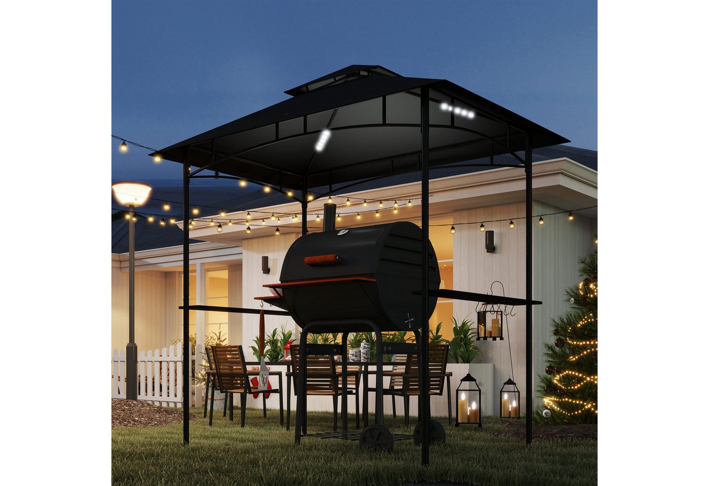 Thumbnail - MC Star Grillpavillon mit LED 240 x 150 x 258 cm wasserabweisend flammhemmend Gartenpavillon, mit Doppelschichtdach, Sei...