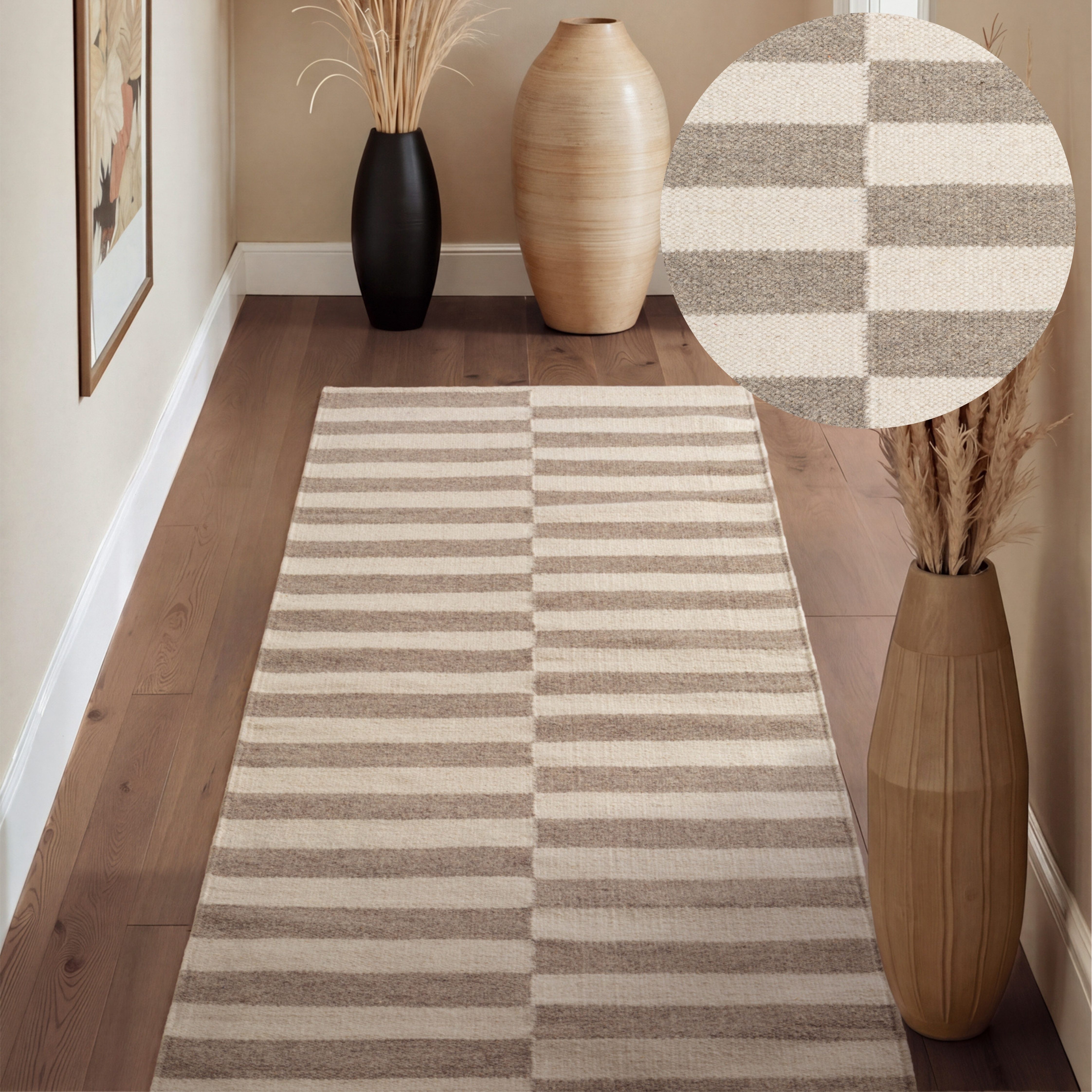 HANSE Home Wollteppich Vika, schwarz-weiss, rechteckig, Höhe: 5 mm, Handgewebt, Wolle, Natur, Läufer, Wohnzimmer, Schlafzimmer, Streifen