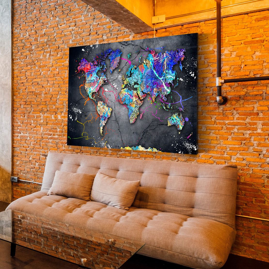 Artedinoi Leinwandbild Weltkarte Pop Art Street Art bunt Leinwandbild Wandbild XXL Deko, Weltkarte, urban