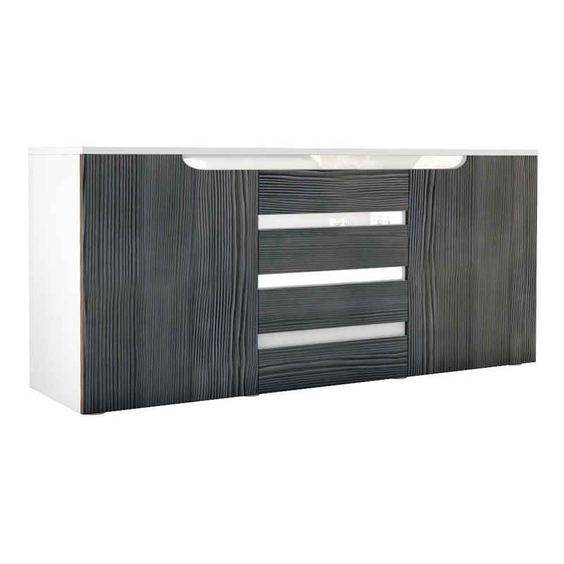 Vladon Sideboard Sylt (Kommode, mit 2 Türen und 4 Schubladen), Weiß matt/Avola-Anthrazit/Weiß Hochglanz (139 x 72 x 35)
