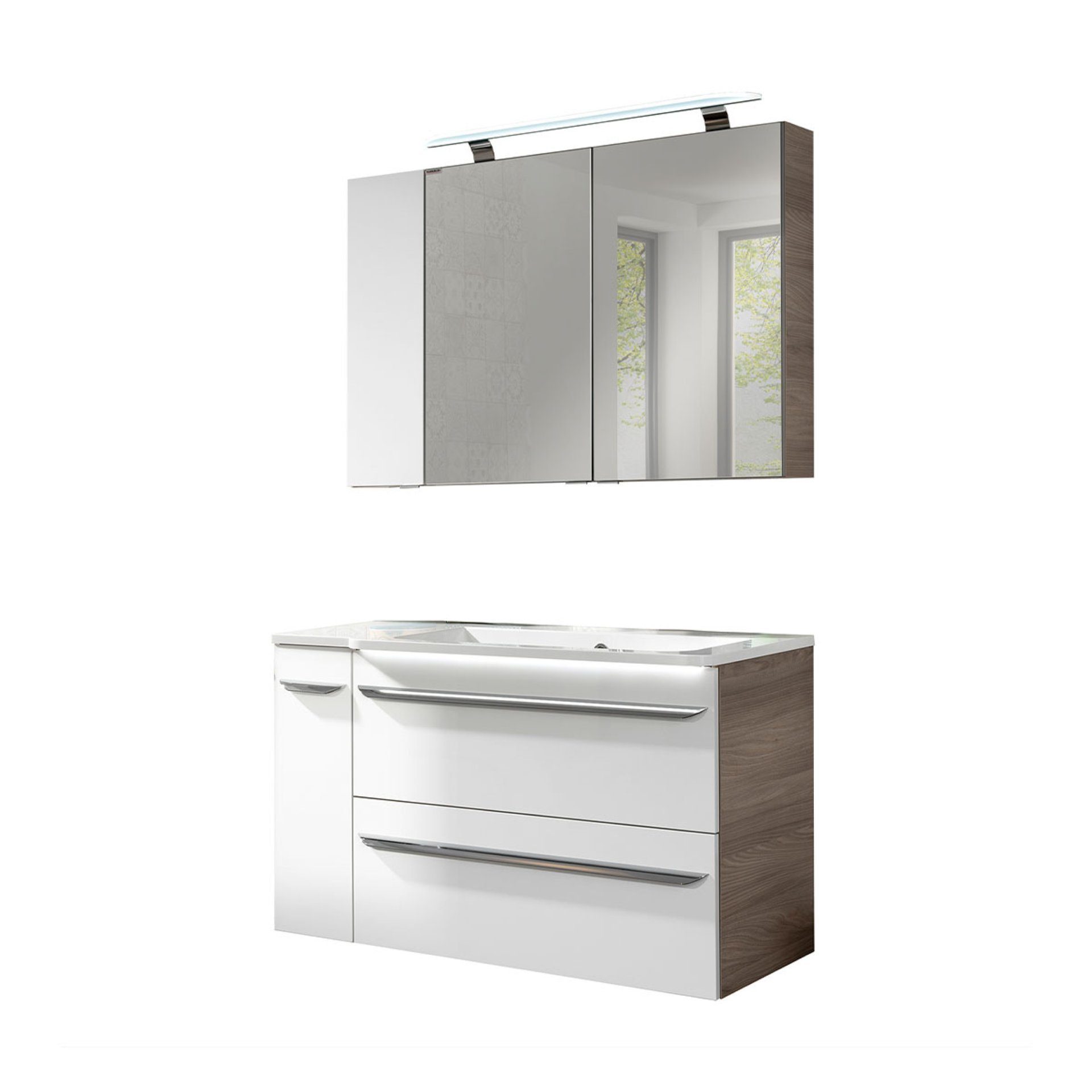 FACKELMANN Badmöbel-Set LUXOR Badmöbel Set 5-teilig, LED-Spiegelschrank + Badschränke links