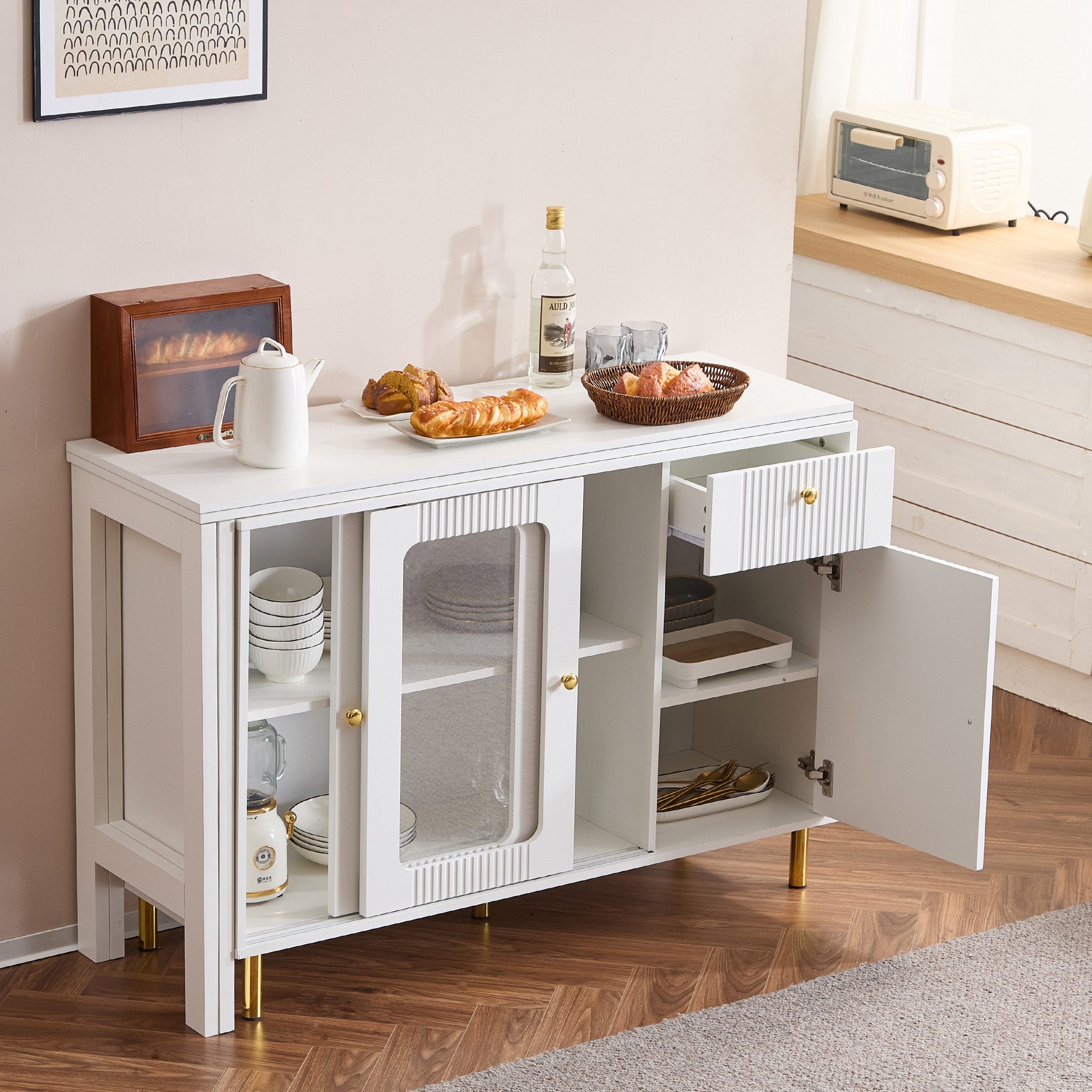 Flieks Sideboard mit klappbarem Ausziehtisch 360° drehbar Weiß (Set, 1 St., günstig online kaufen