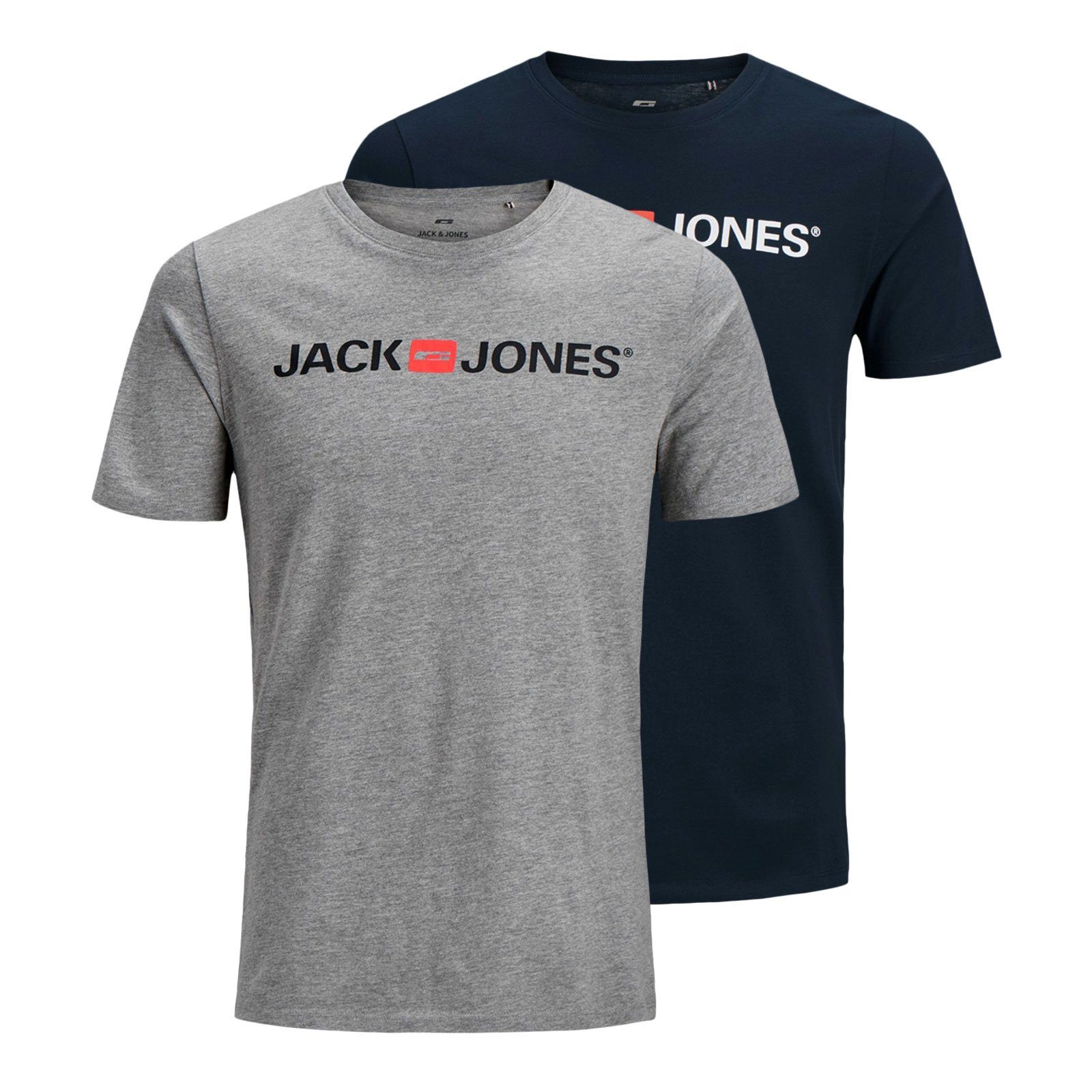 Jack & Jones T-Shirt 2er Pack Logo Tee Crew Neck mit Markenschriftzug light grey mel. / navy blazer