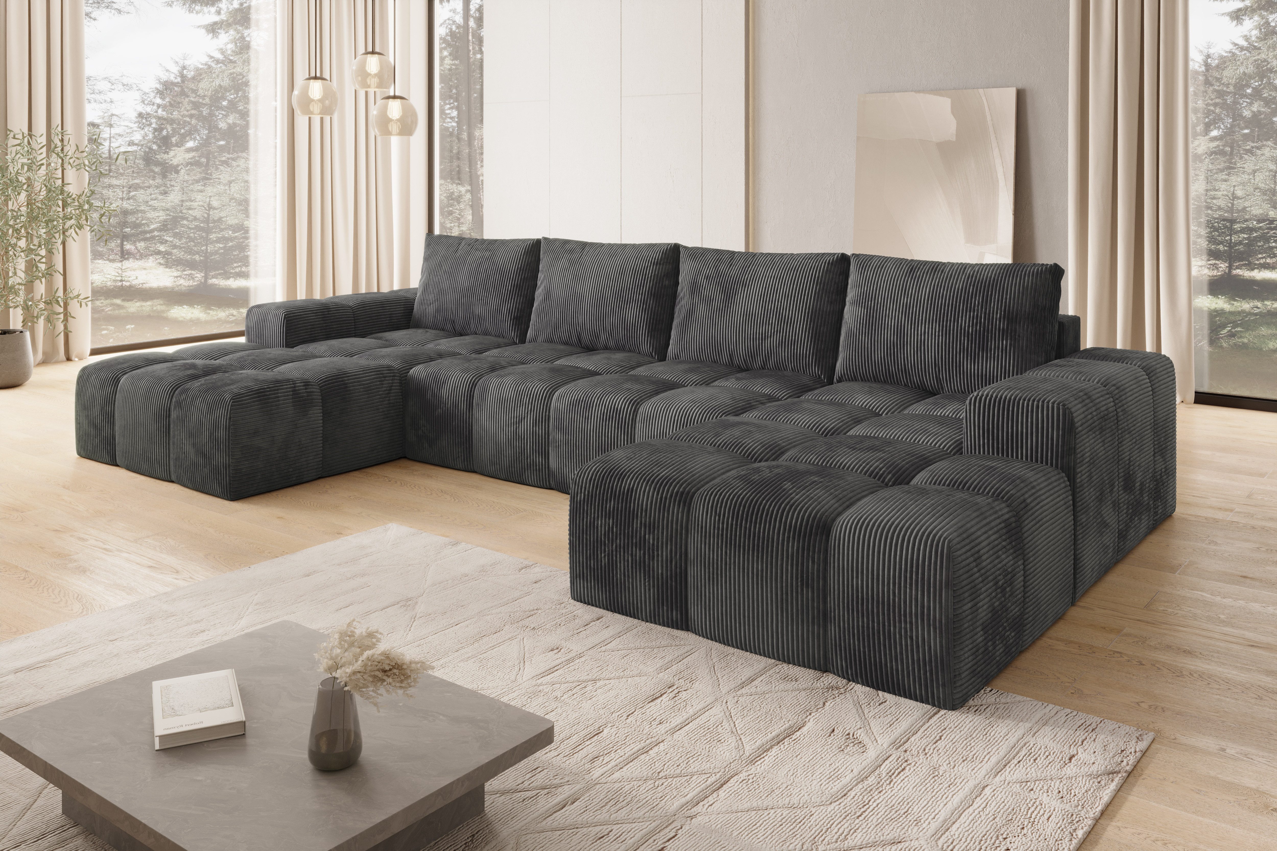 PROMETO Möbel Ecksofa Couch U-Form, Sofa U-Form Teddy-Bouclé, Web oder Cord-Stoff Cento
