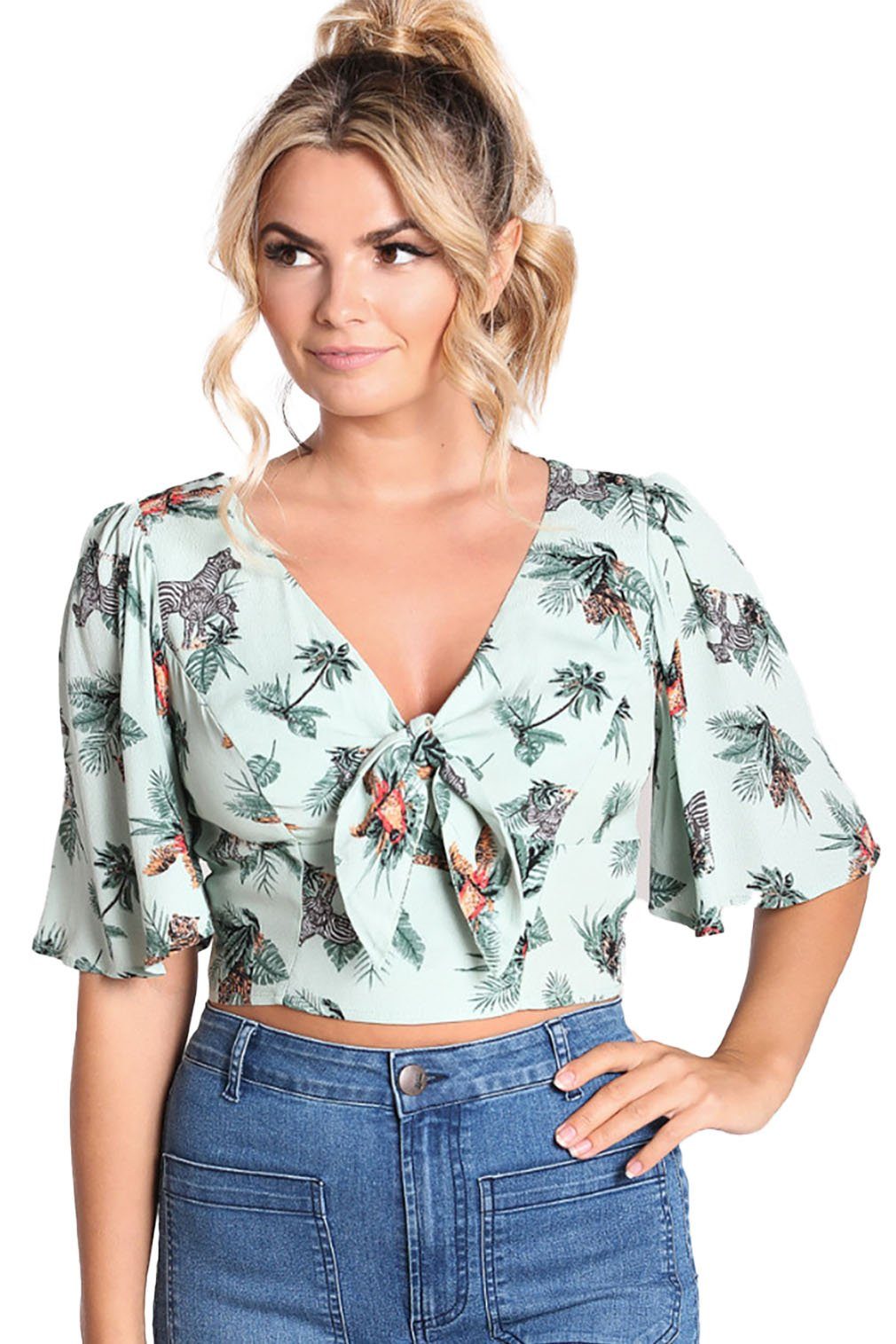 Hell Bunny Crop-Top Sofia Vintage Tropical Hawaii Blusentop